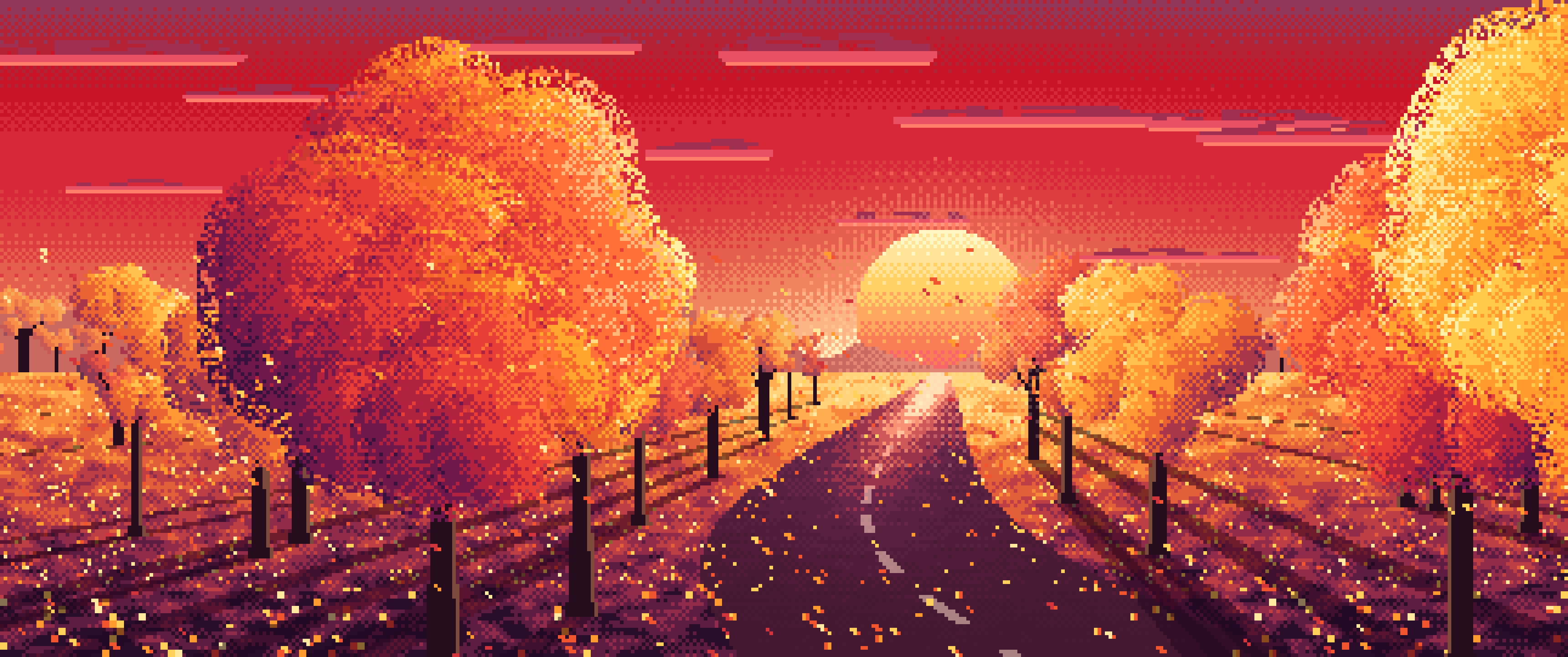 Red Pixel Art Fall Road at Sunset ultrawide wallpaper, 3440 × 1440