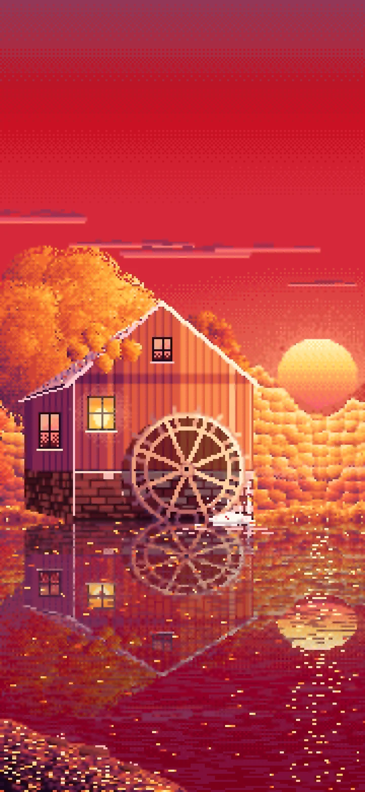Red Pixel Art Fall Watermill by a Stream wallpaper for iPhone and Android