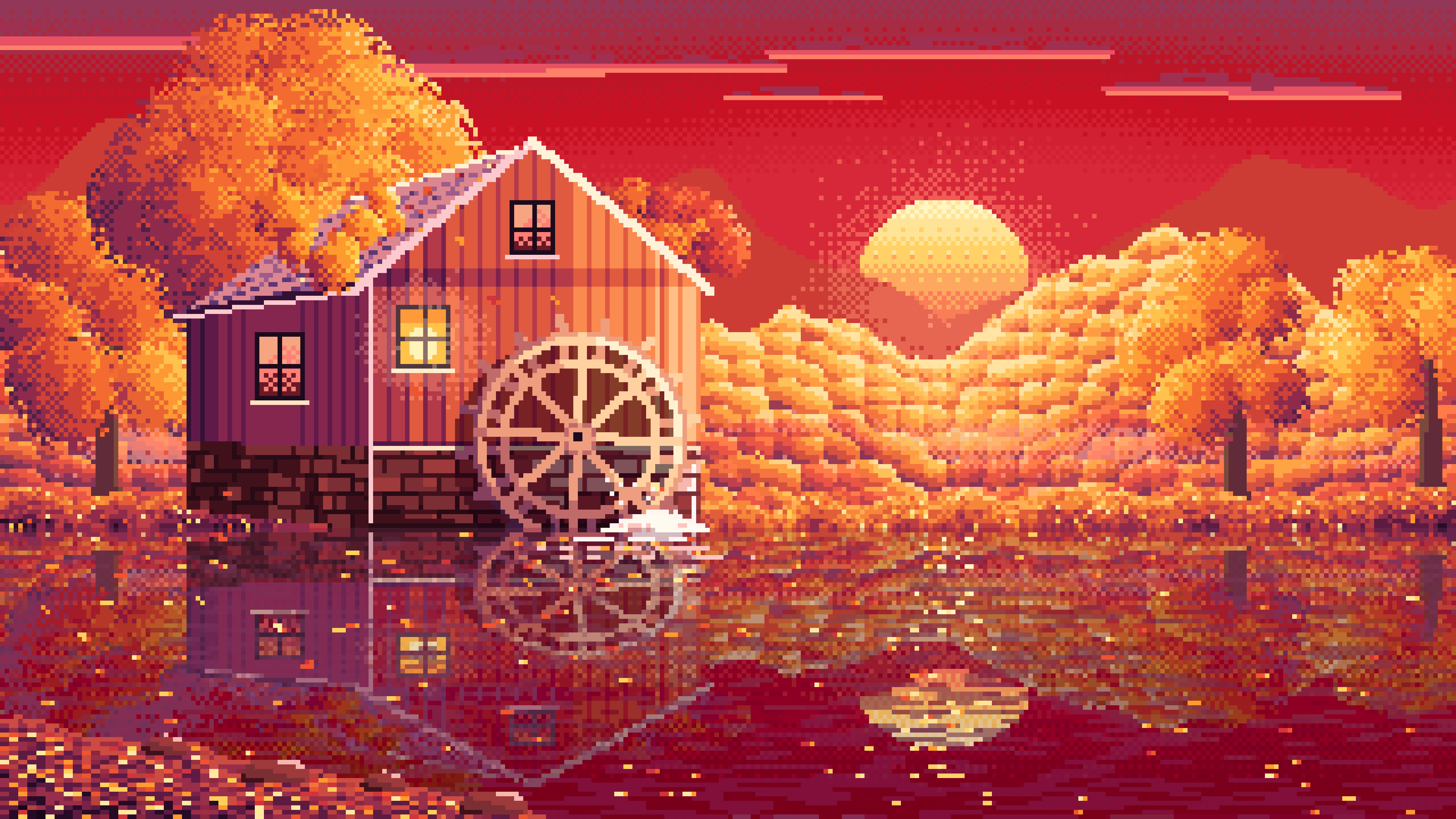 Red Pixel Art Fall Watermill by a Stream desktop wallpaper in 4K