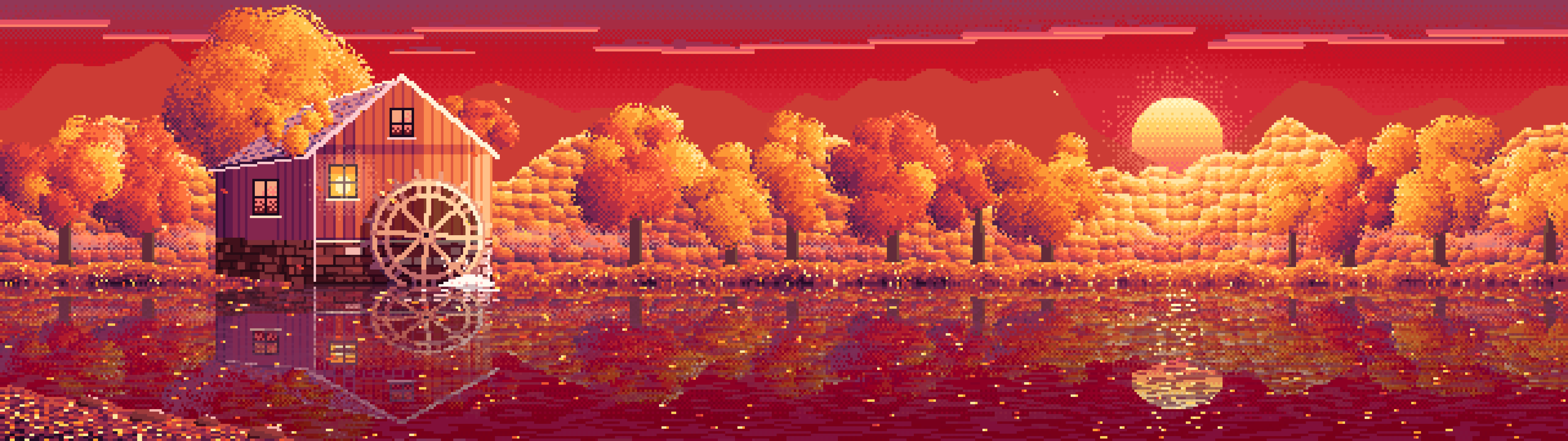 Red Pixel Art Fall Watermill by a Stream dual monitor wallpaper, 7680 × 2160