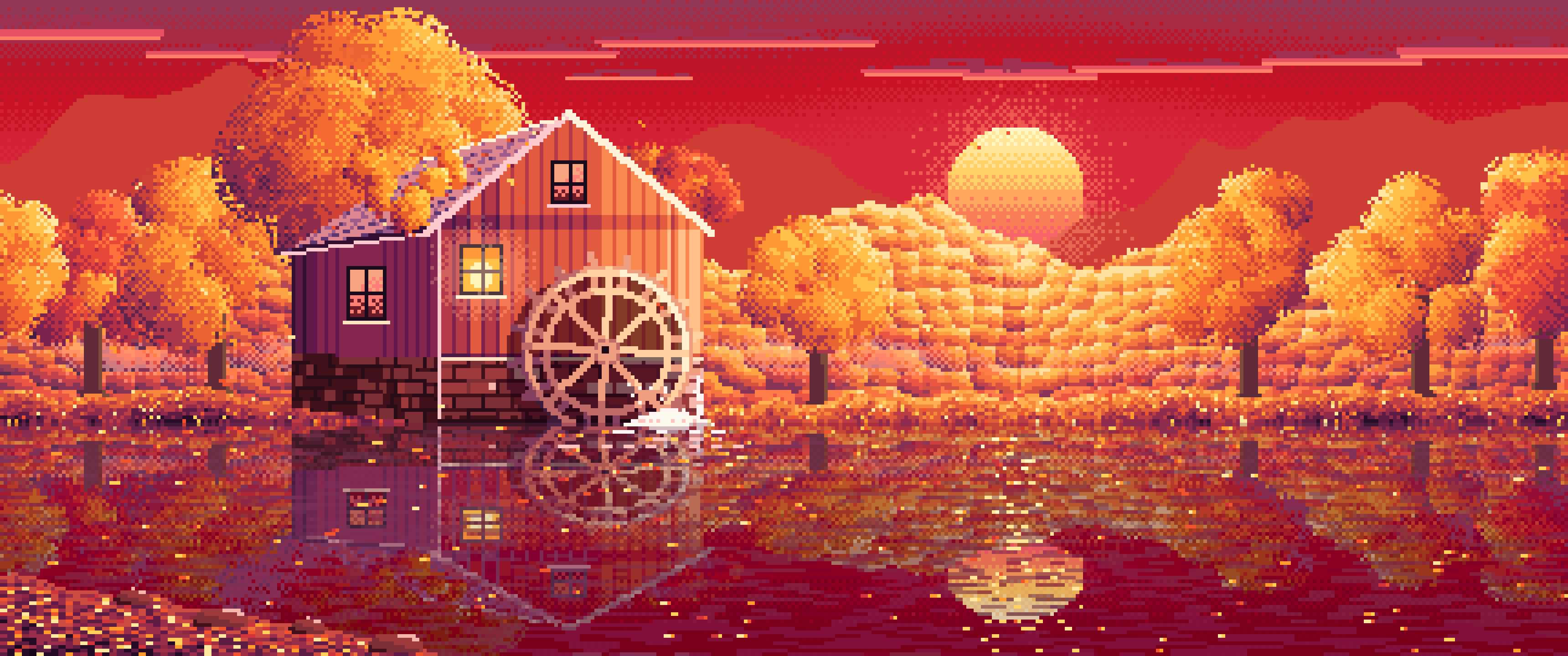 Red Pixel Art Fall Watermill by a Stream ultrawide wallpaper, 3440 × 1440