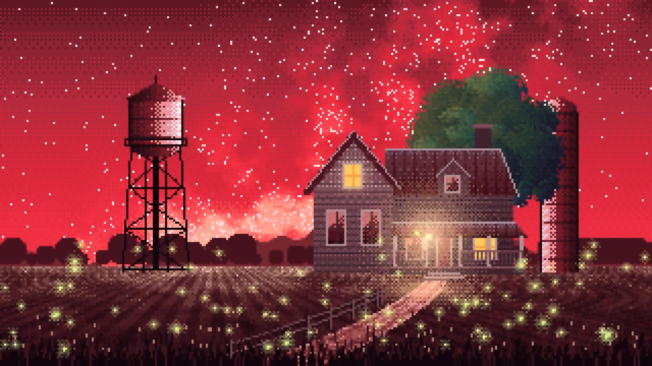 Red Pixel Art Farmhouse Under the Stars desktop wallpaper in 4K
