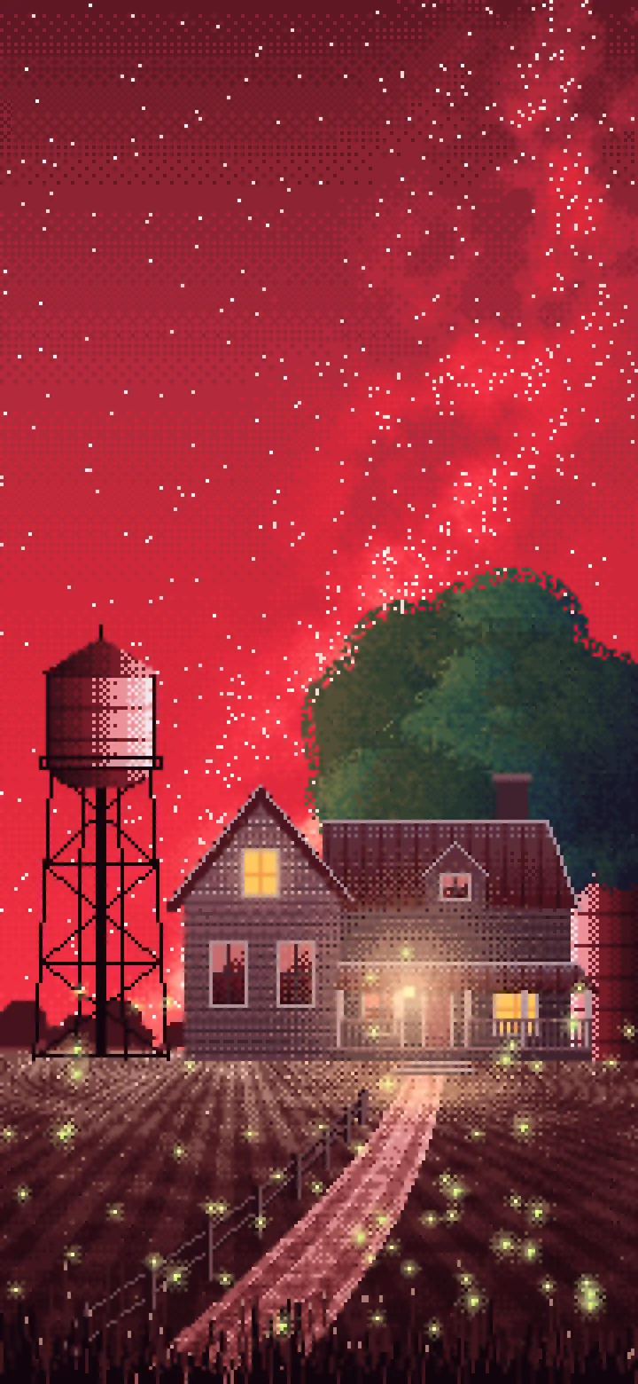 Red Pixel Art Farmhouse Under the Stars wallpaper for iPhone and Android