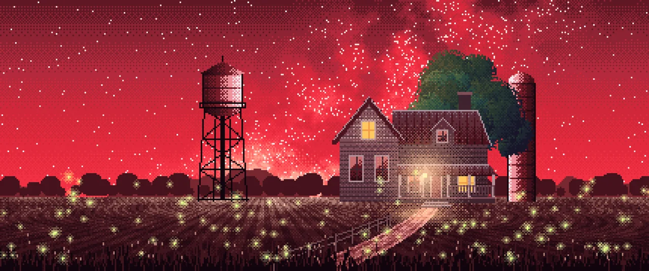 Red Pixel Art Farmhouse Under the Stars ultrawide wallpaper, 3440 × 1440