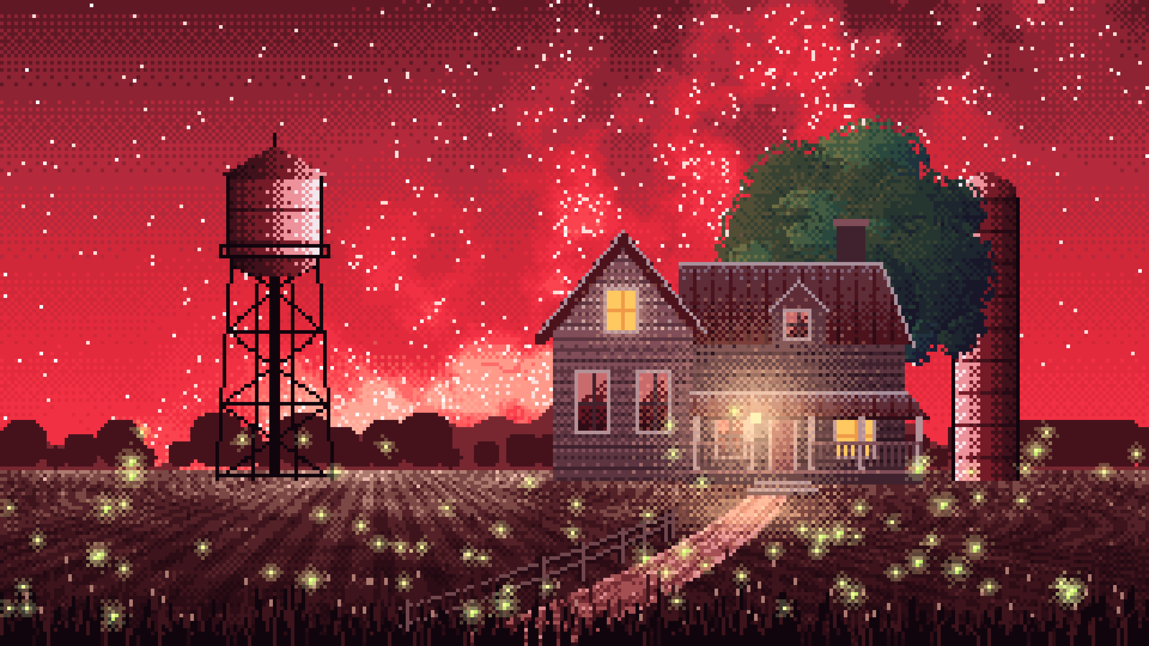 Red Pixel Art Farmhouse Under the Stars desktop wallpaper in 4K
