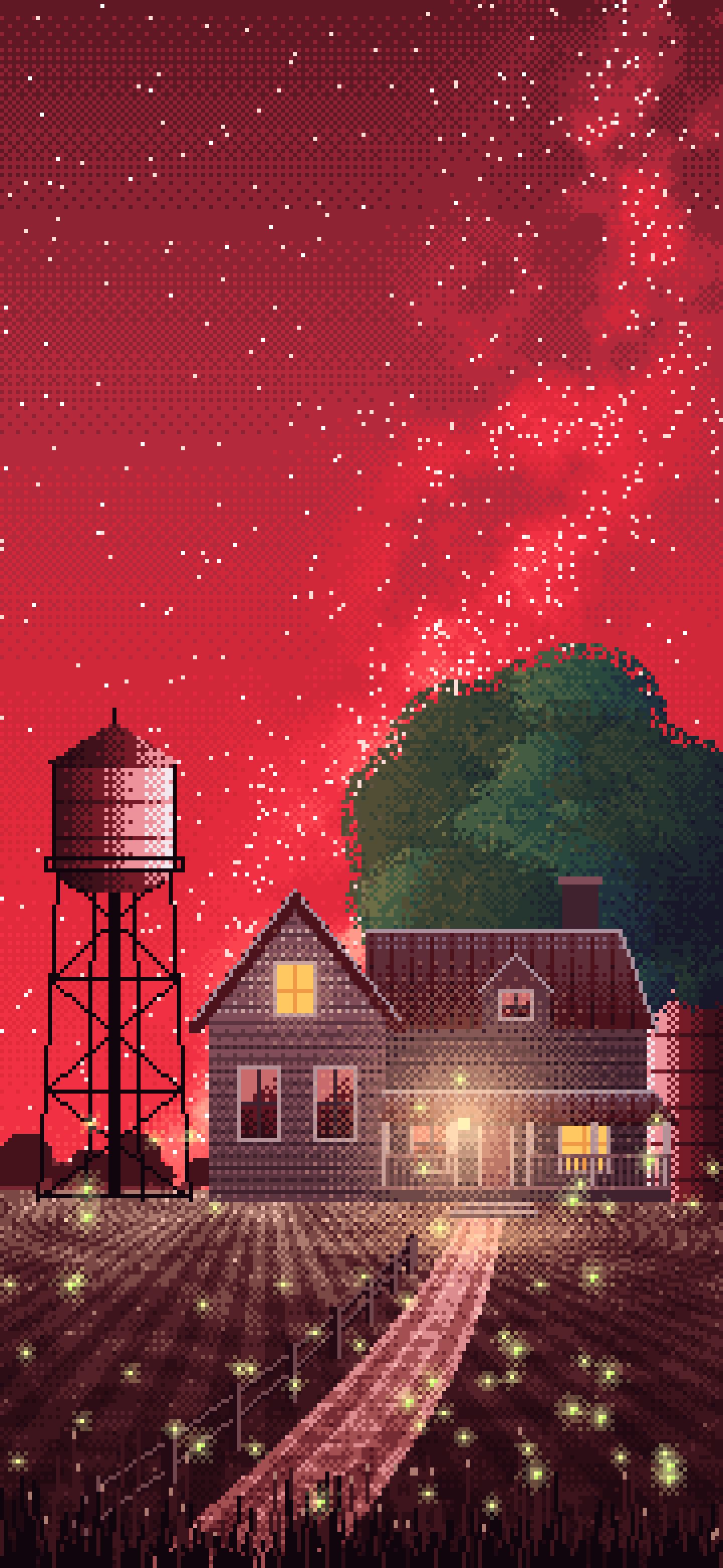 Red Pixel Art Farmhouse Under the Stars wallpaper for iPhone and Android
