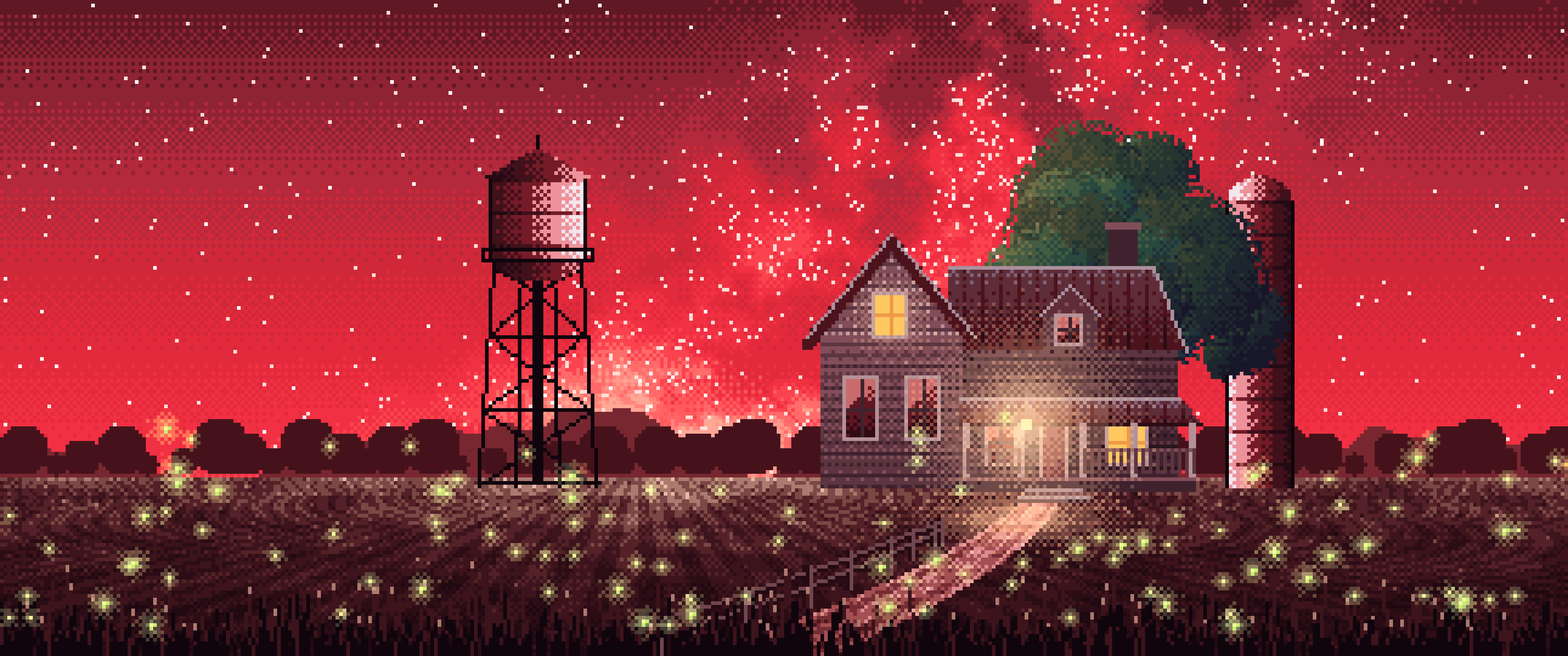 Red Pixel Art Farmhouse Under the Stars ultrawide wallpaper, 3440 × 1440