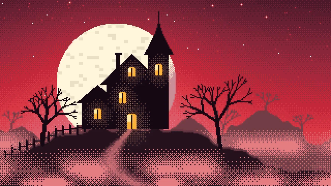 Red Pixel Art Haunted House desktop wallpaper in 4K