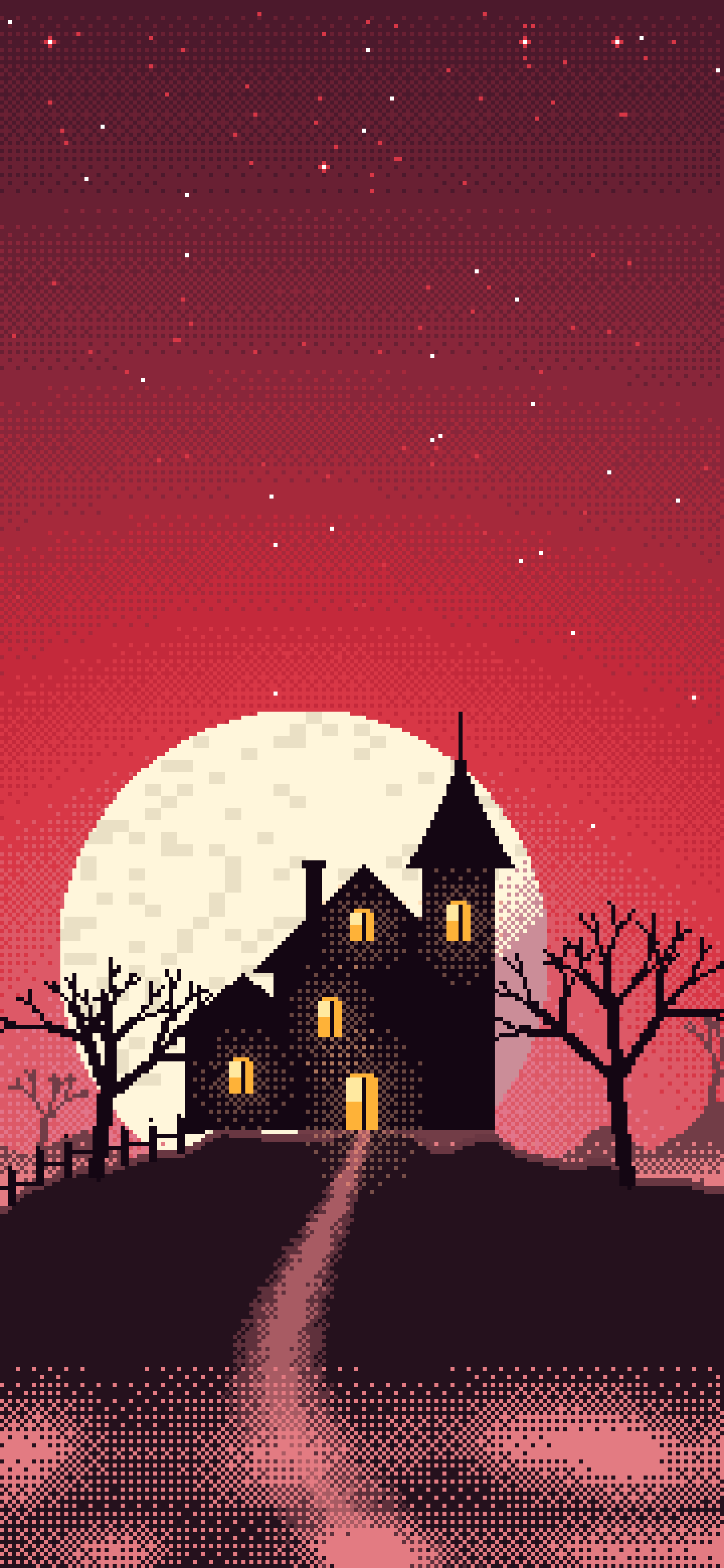 Red Pixel Art Haunted House wallpaper for iPhone and Android