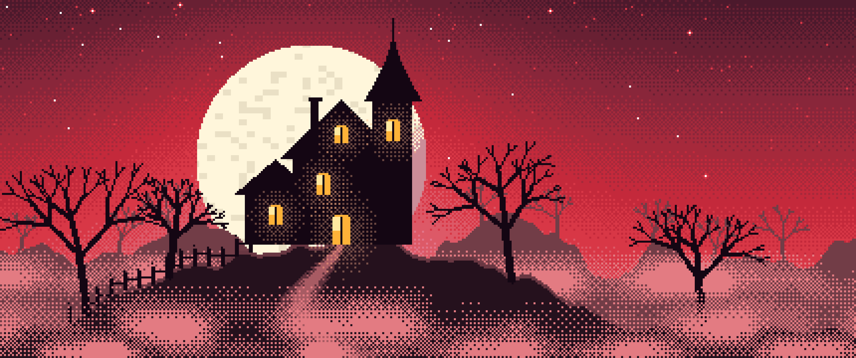 Red Pixel Art Haunted House ultrawide wallpaper, 3440 × 1440