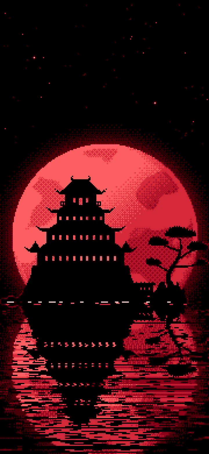 Red Pixel Art Japanese Castle and Full Moon wallpaper for iPhone and Android