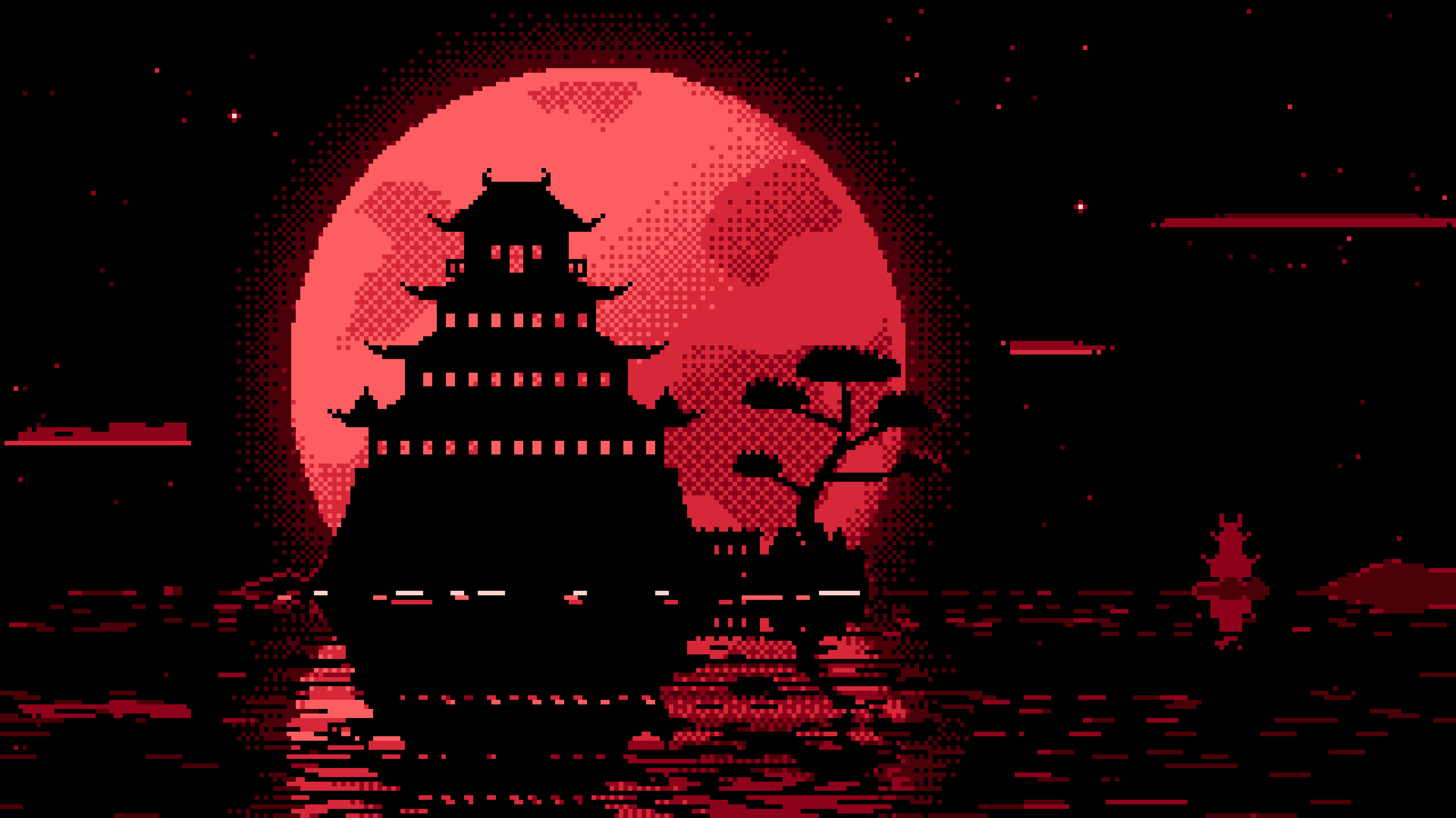 Red Pixel Art Japanese Castle and Full Moon desktop wallpaper in 4K