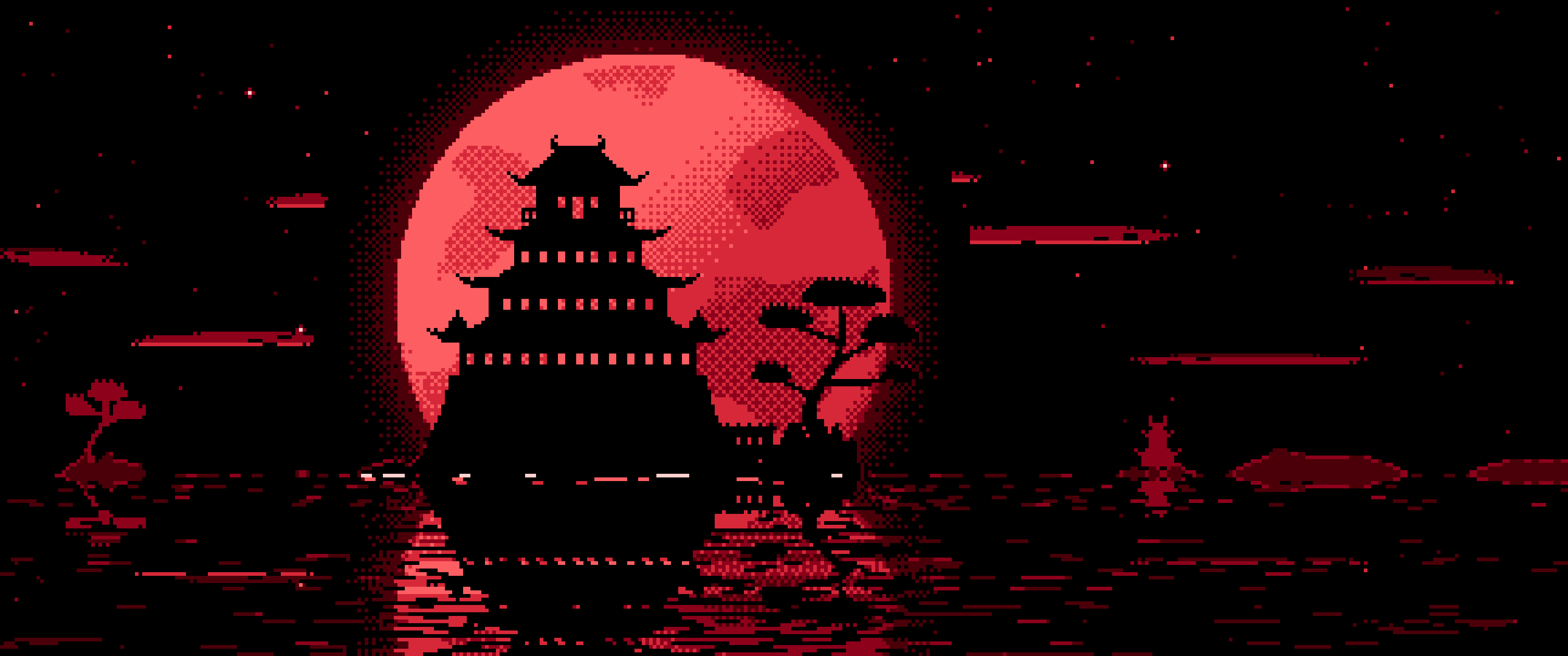 Red Pixel Art Japanese Castle and Full Moon ultrawide wallpaper, 3440 × 1440