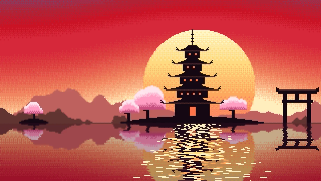 Red Pixel Art Japanese Temple desktop wallpaper in 4K