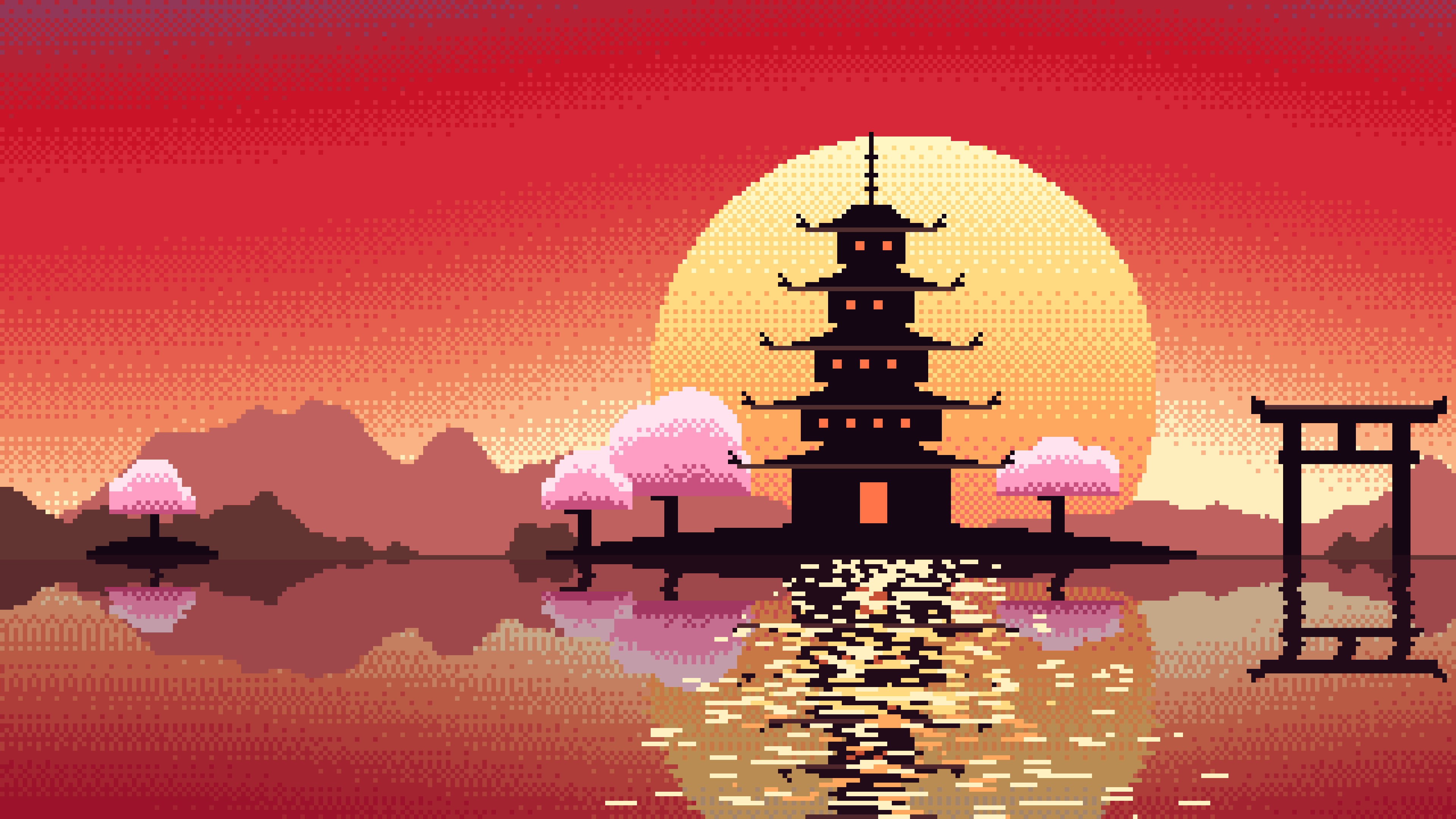 Red Pixel Art Japanese Temple desktop wallpaper in 4K