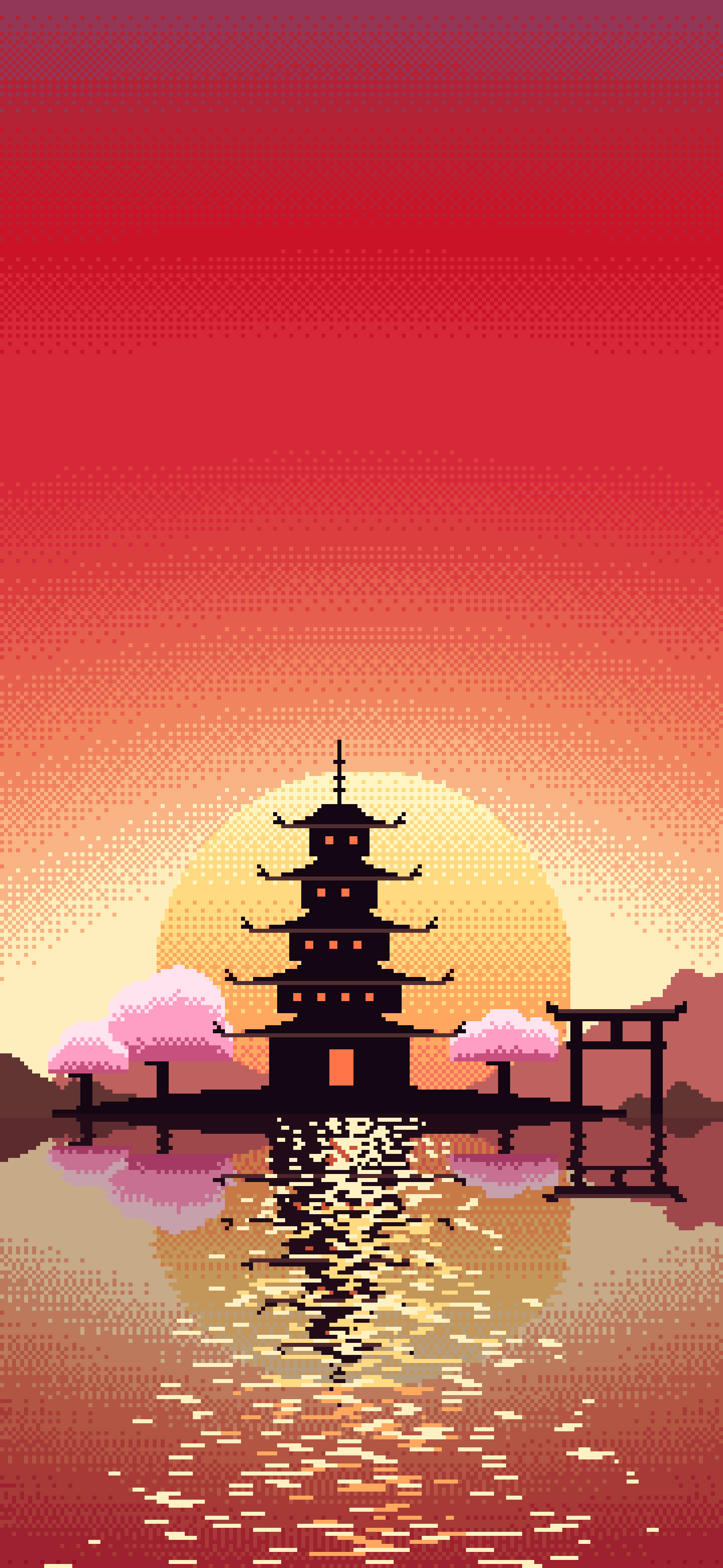 Red Pixel Art Japanese Temple wallpaper for iPhone and Android