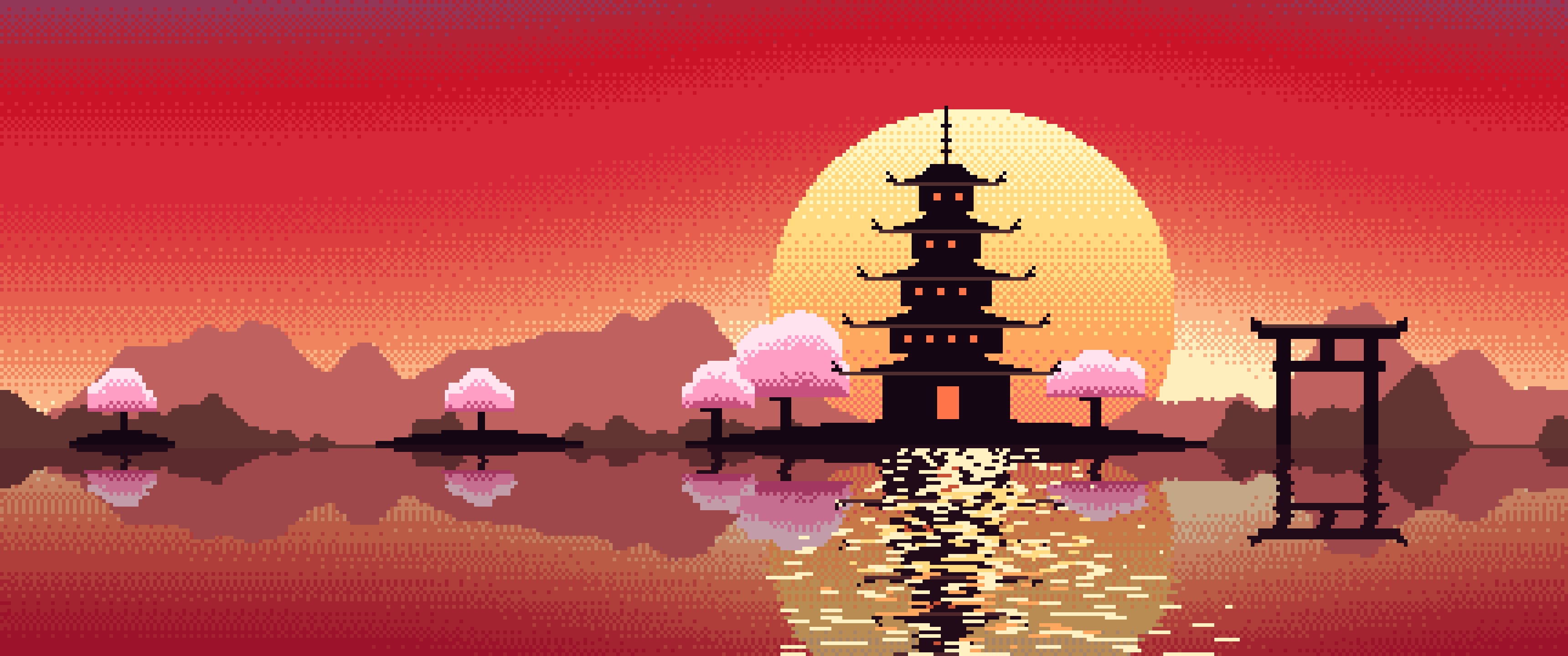 Red Pixel Art Japanese Temple ultrawide wallpaper, 3440 × 1440