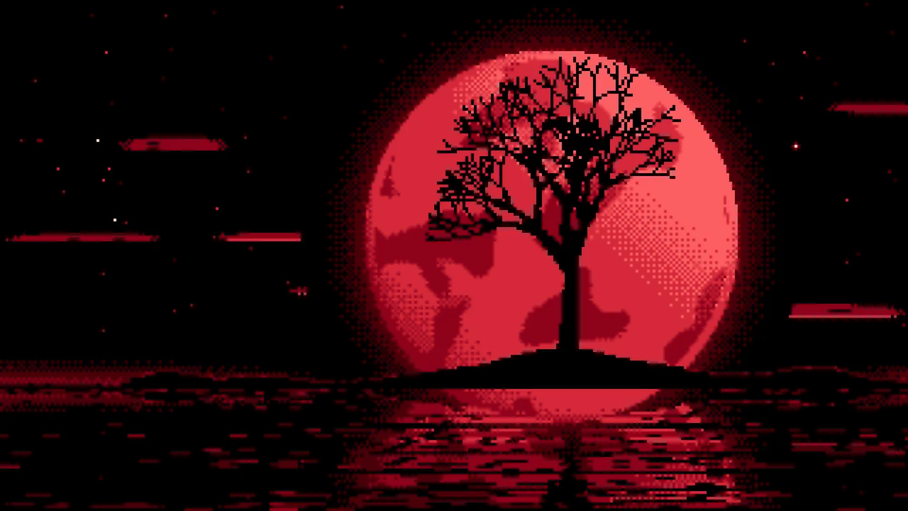 Red Pixel Art Lone Tree and Full Moon desktop wallpaper in 4K
