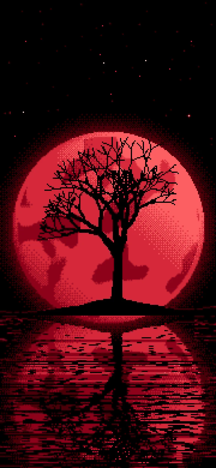 Red Pixel Art Lone Tree and Full Moon wallpaper for iPhone and Android