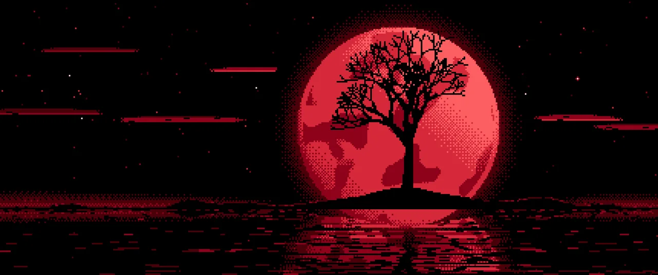 Red Pixel Art Lone Tree and Full Moon ultrawide wallpaper, 3440 × 1440