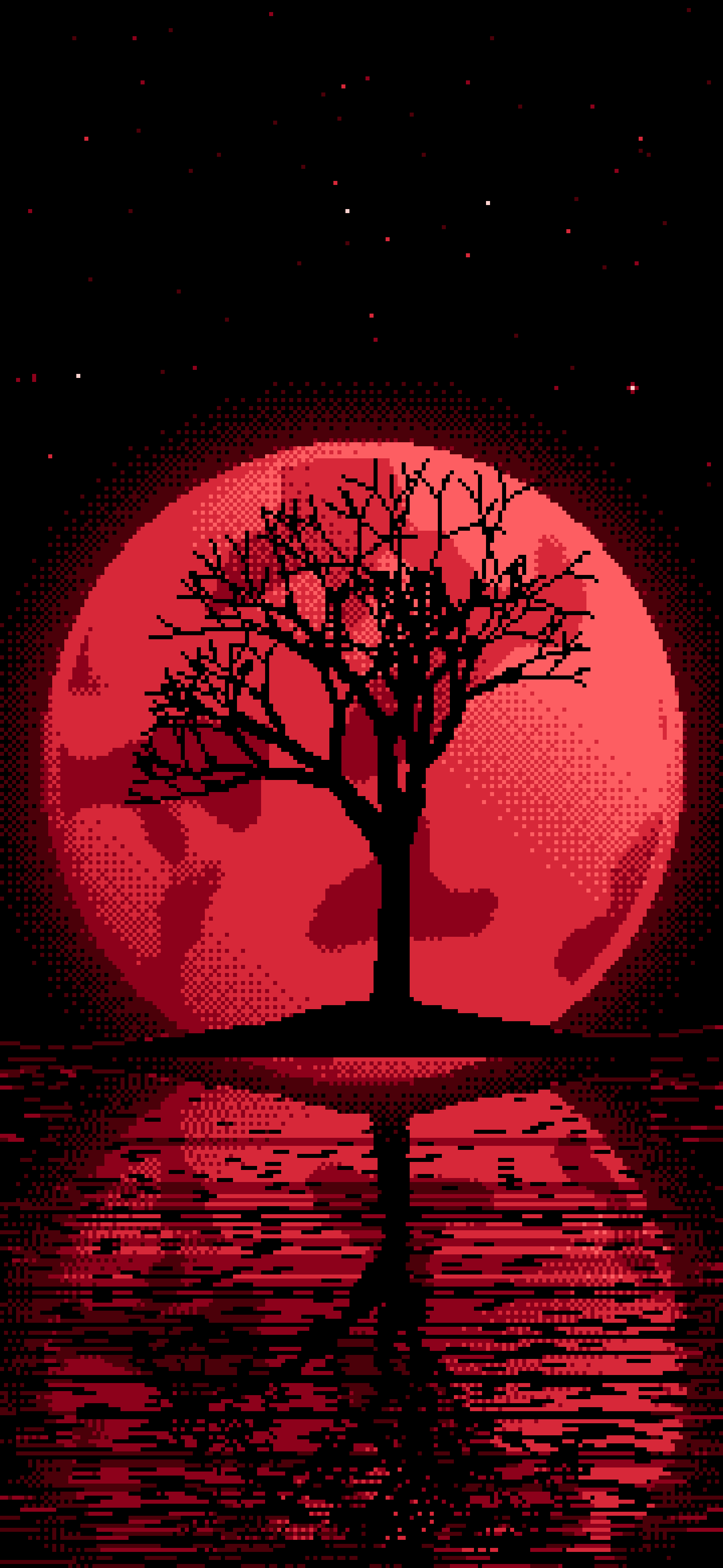 Red Pixel Art Lone Tree and Full Moon wallpaper for iPhone and Android