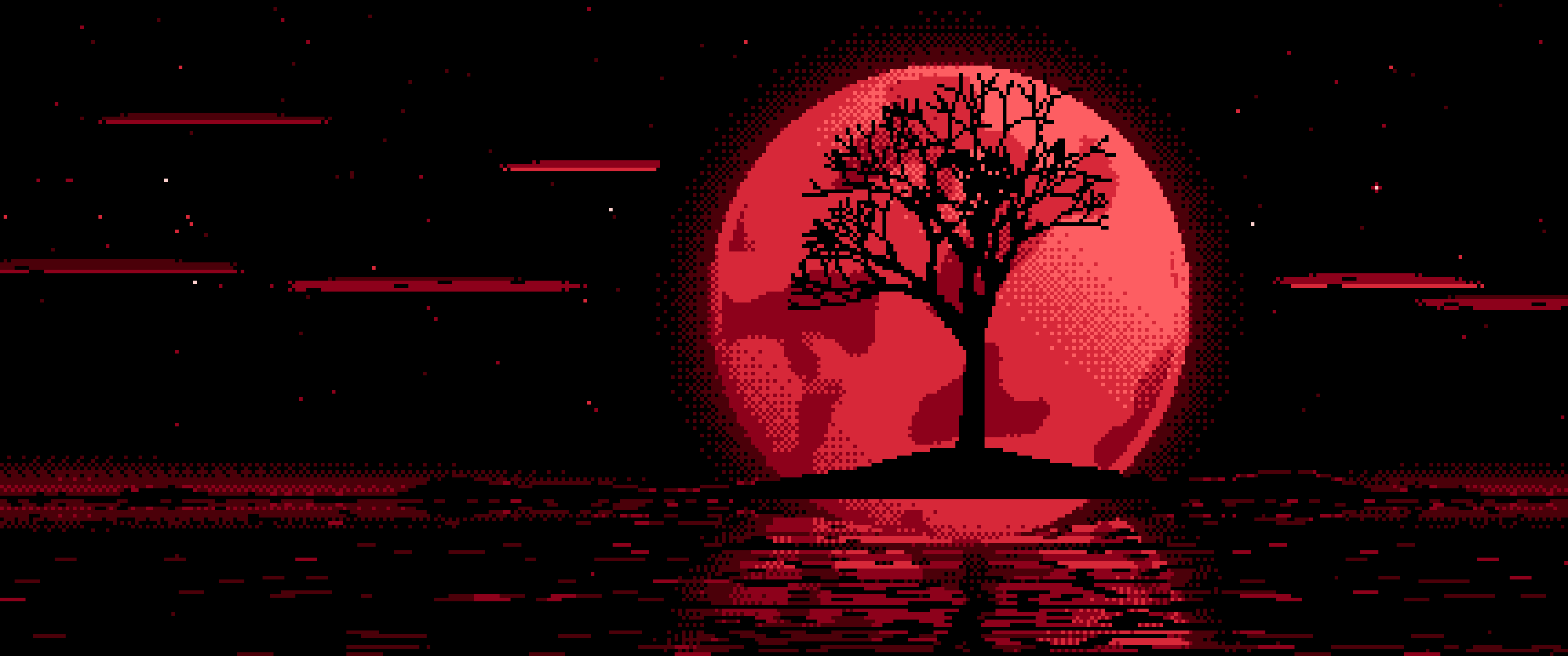 Red Pixel Art Lone Tree and Full Moon ultrawide wallpaper, 3440 × 1440