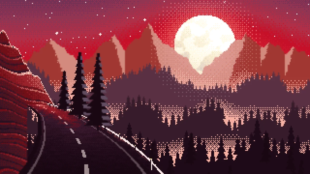 Red Pixel Art Mountain Road Under the Moon desktop wallpaper in 4K