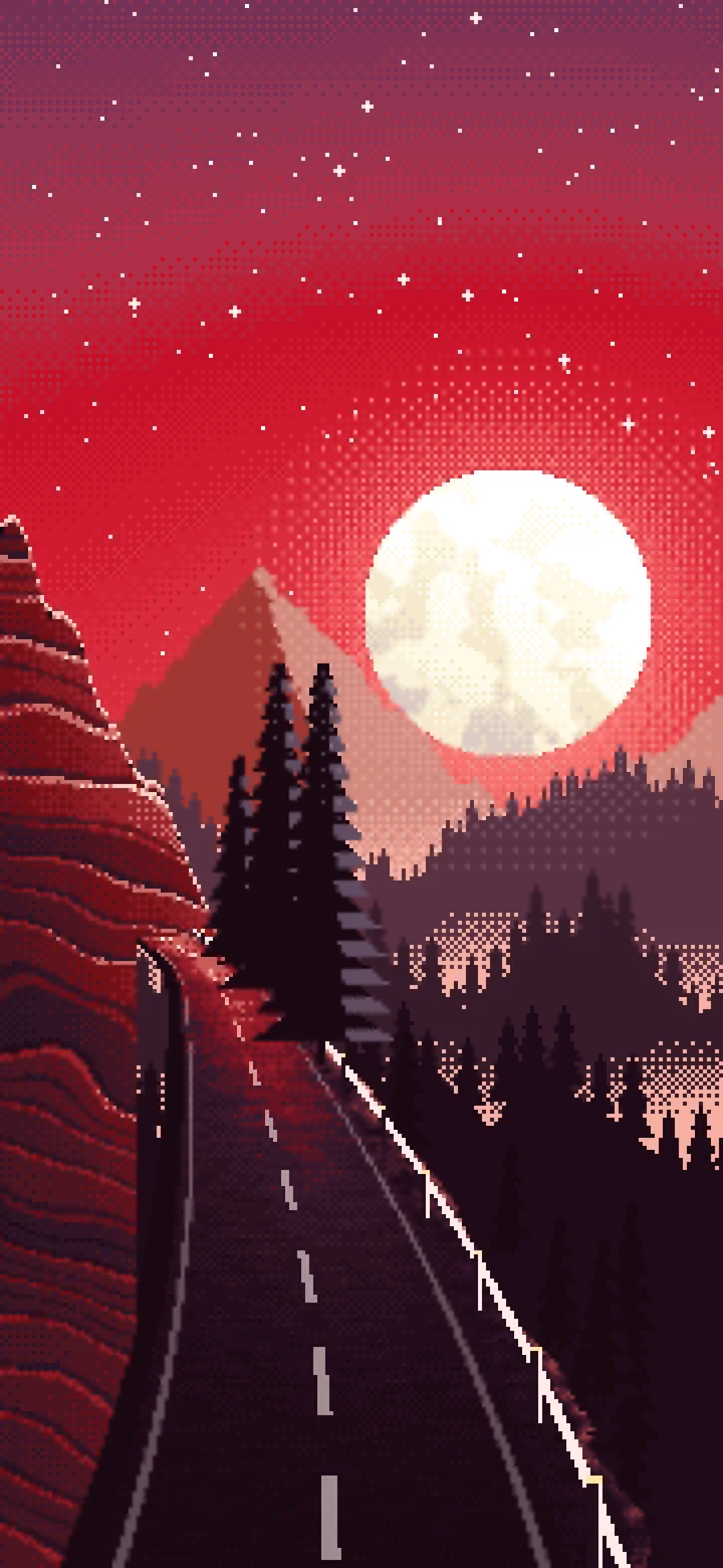 Red Pixel Art Mountain Road Under the Moon wallpaper for iPhone and Android
