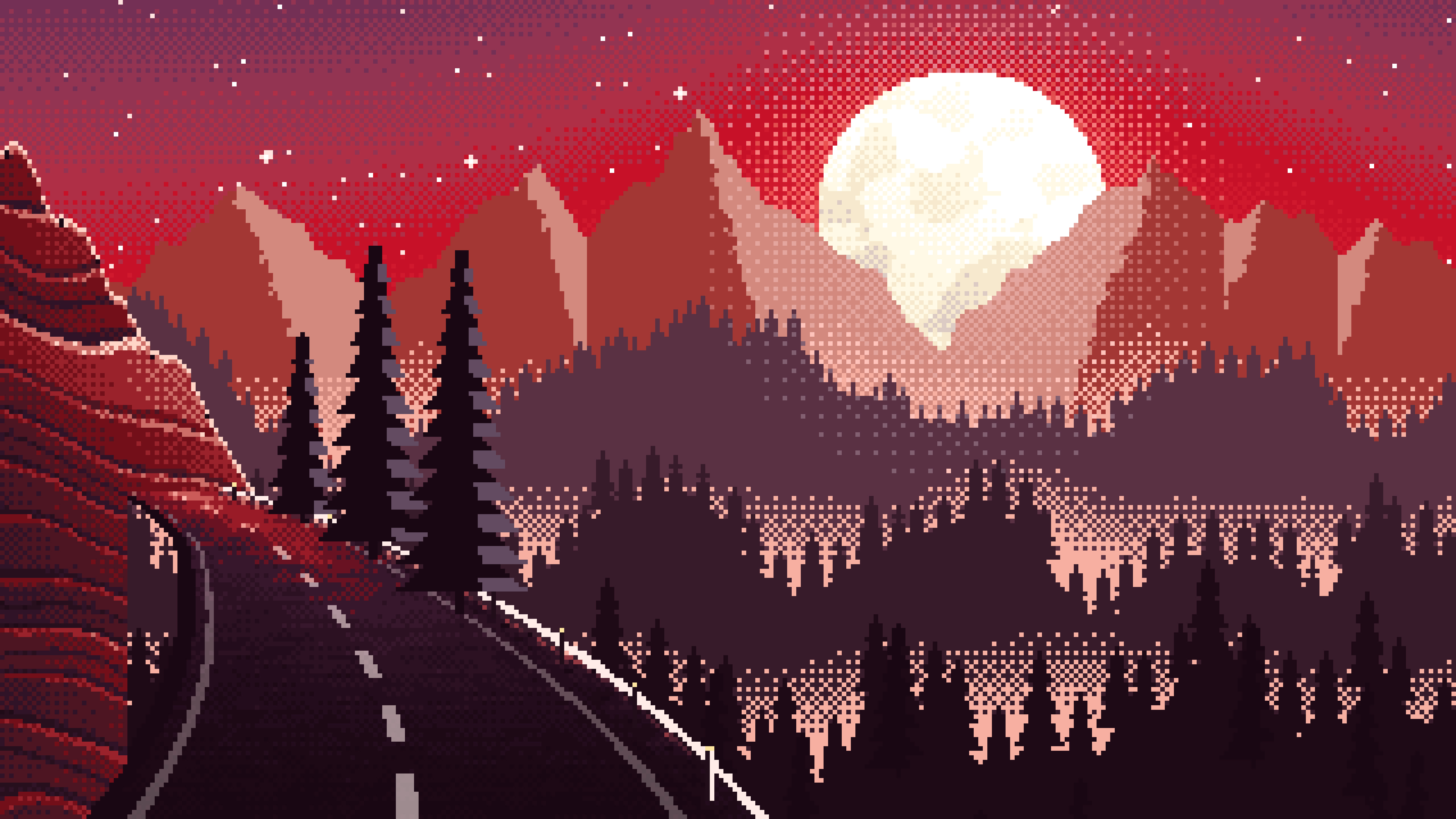 Red Pixel Art Mountain Road Under the Moon desktop wallpaper in 4K