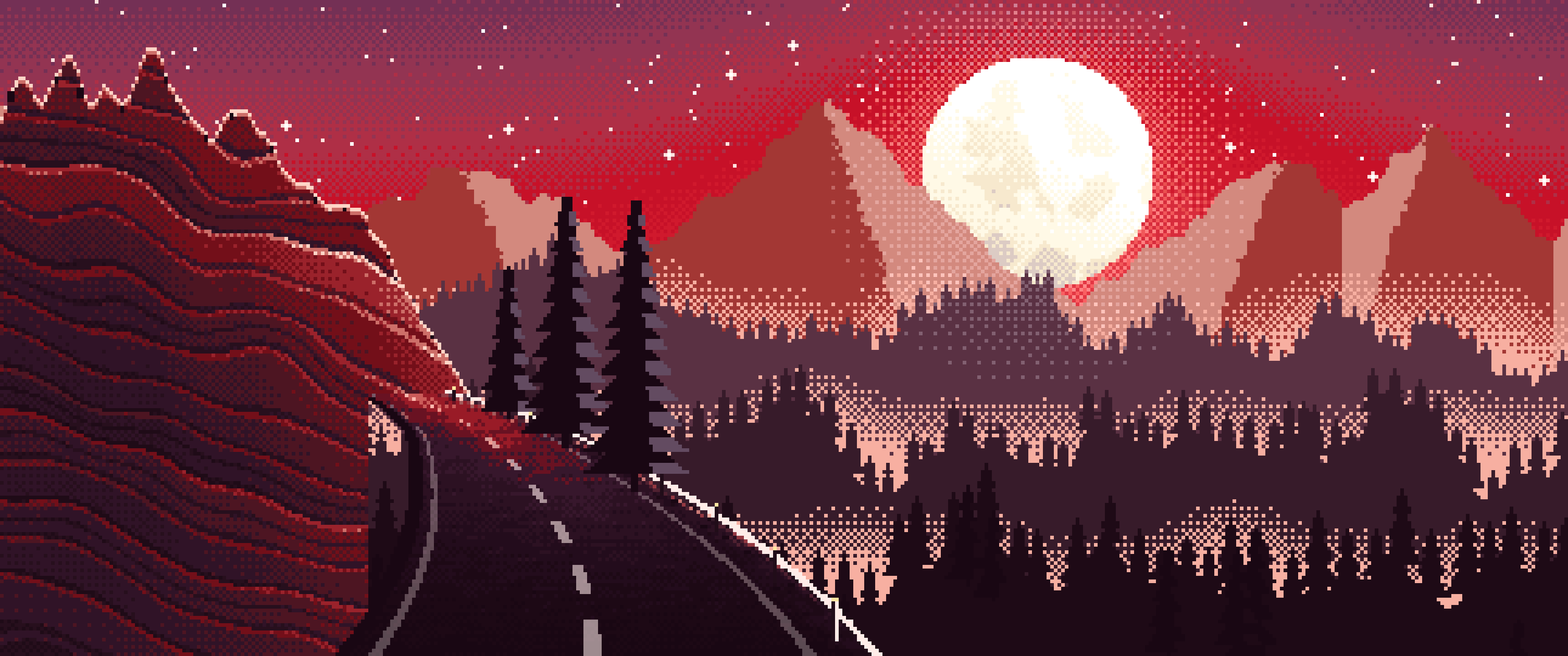 Red Pixel Art Mountain Road Under the Moon ultrawide wallpaper, 3440 × 1440