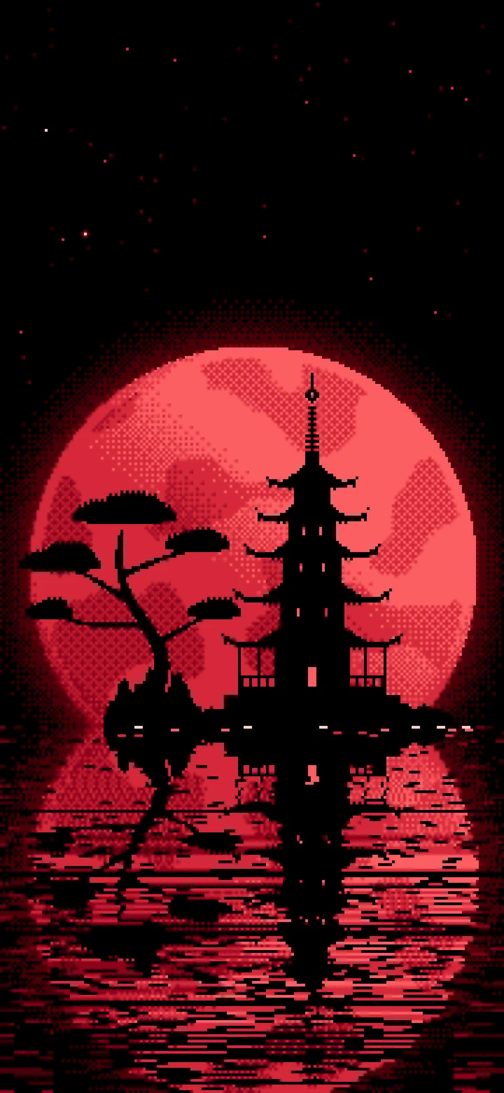 Red Pixel Art Pagoda and Full Moon wallpaper for iPhone and Android