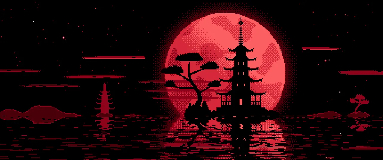Red Pixel Art Pagoda and Full Moon ultrawide wallpaper, 3440 × 1440