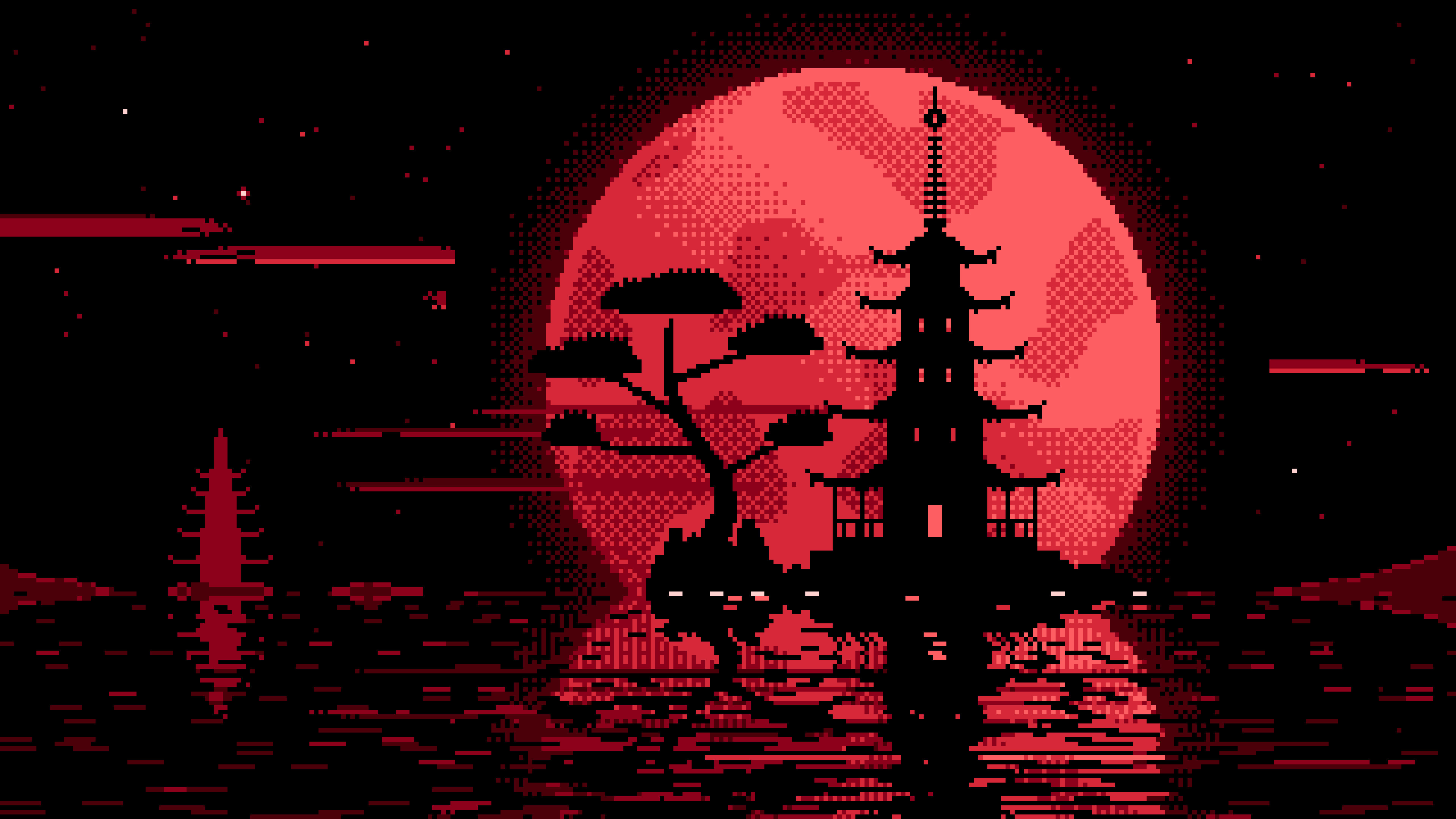 Red Pixel Art Pagoda and Full Moon desktop wallpaper in 4K