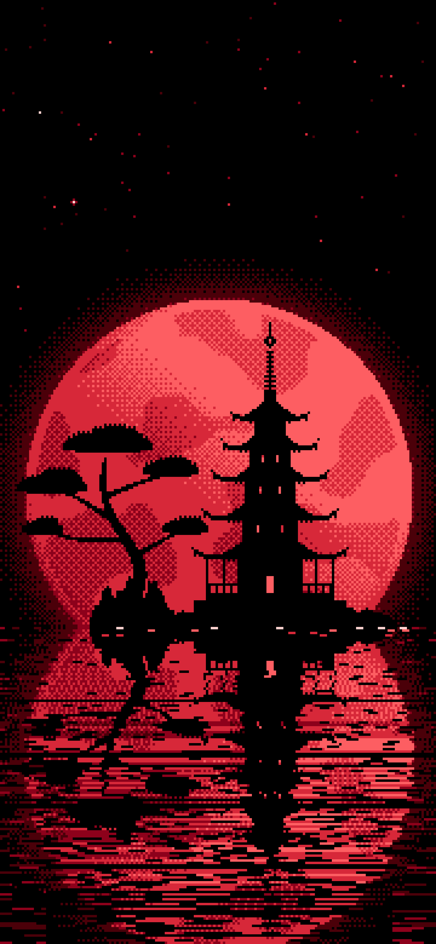 Red Pixel Art Pagoda and Full Moon wallpaper for iPhone and Android