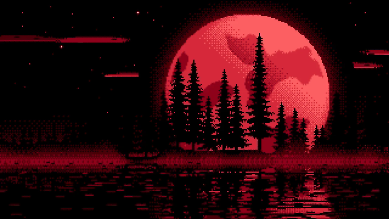 Red Pixel Art Pine Trees and Full Moon desktop wallpaper in 4K
