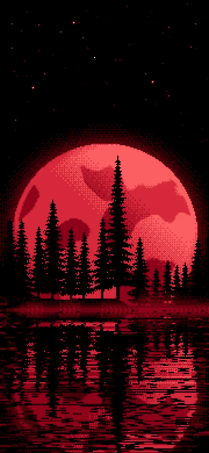 Red Pixel Art Pine Trees and Full Moon wallpaper for iPhone and Android