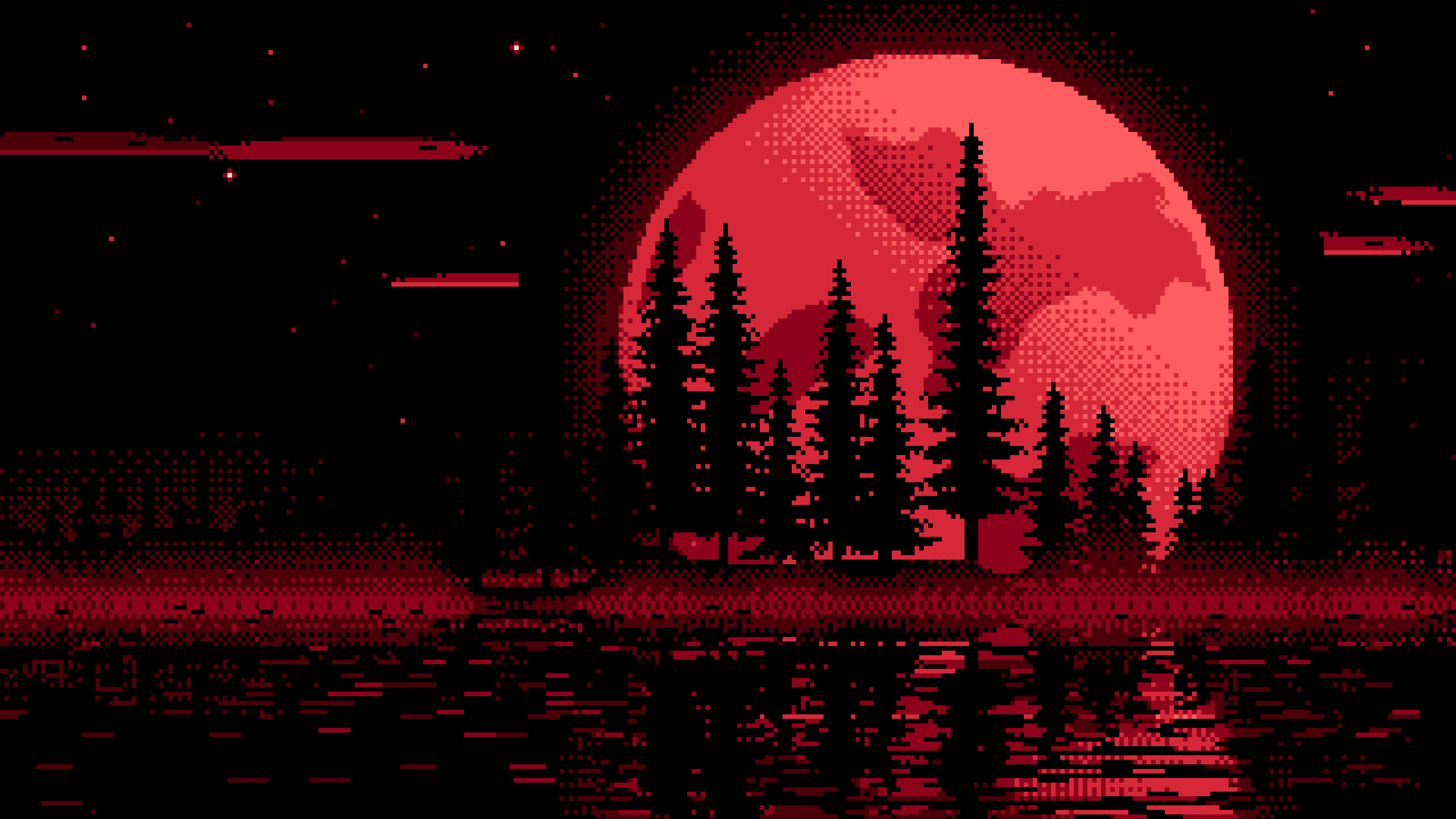 Red Pixel Art Pine Trees and Full Moon desktop wallpaper in 4K