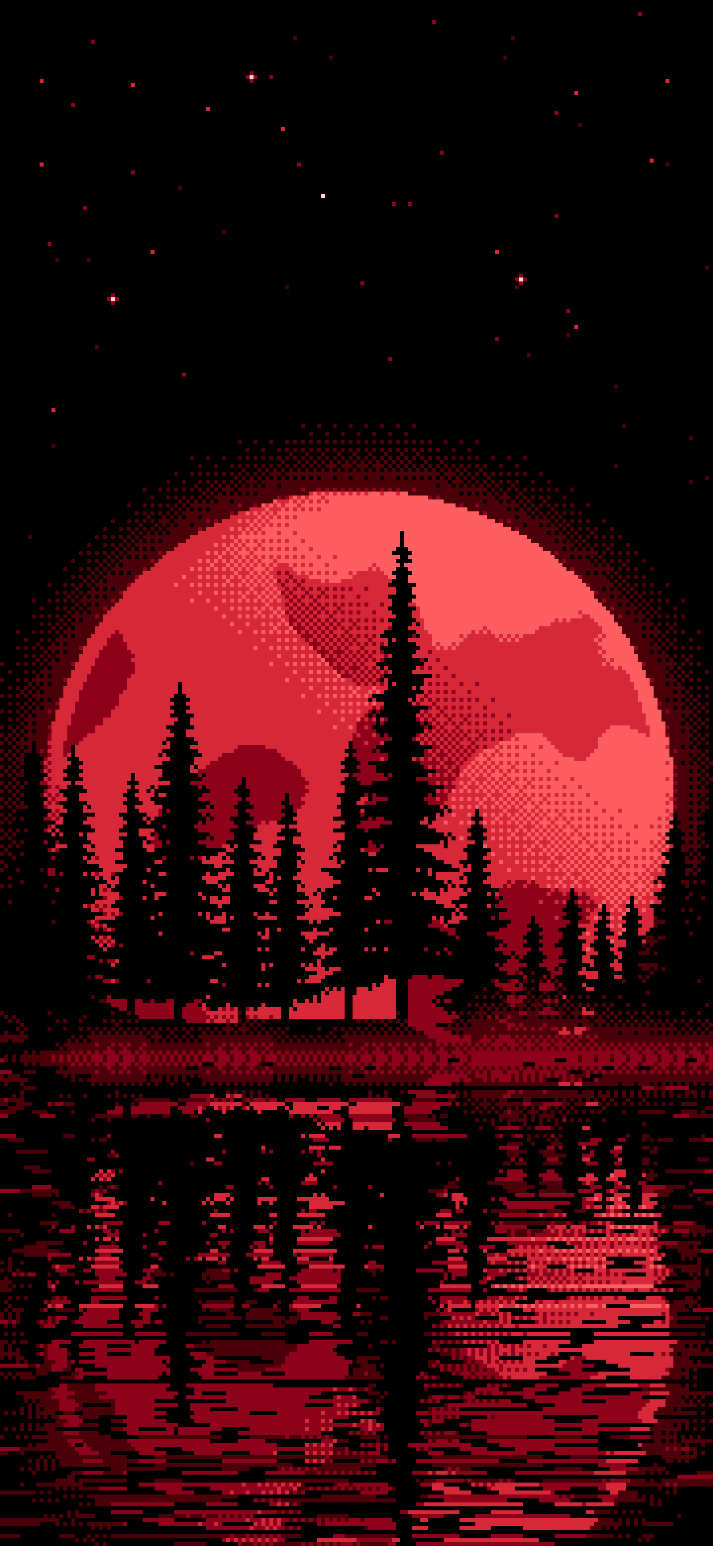Red Pixel Art Pine Trees and Full Moon wallpaper for iPhone and Android