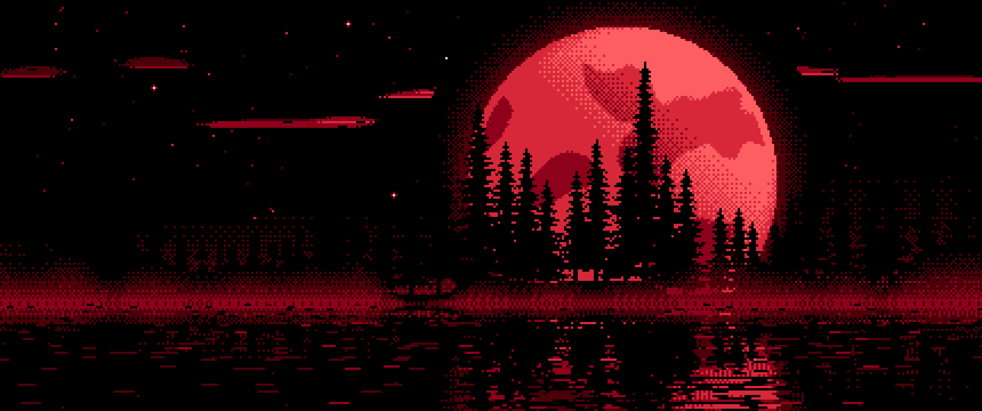 Red Pixel Art Pine Trees and Full Moon ultrawide wallpaper, 3440 × 1440