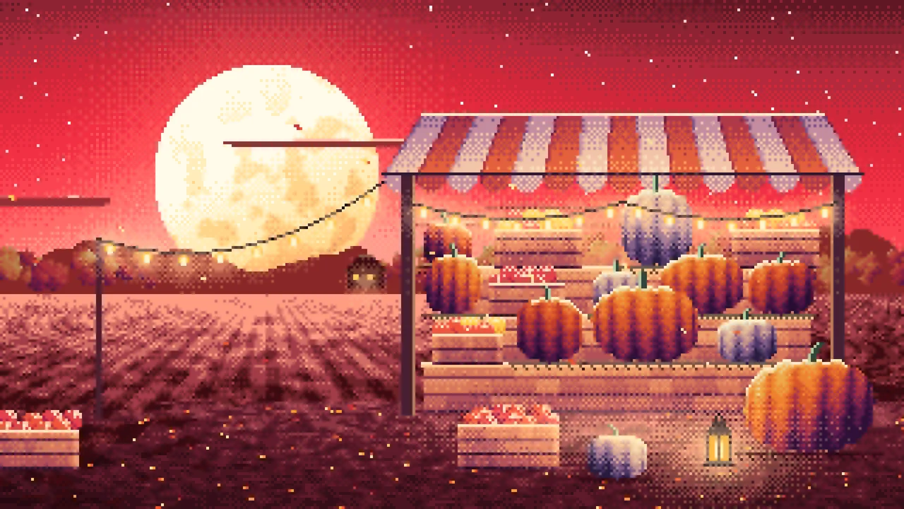 Red Pixel Art Pumpkin Farm Stand under a Harvest Moon desktop wallpaper in 4K