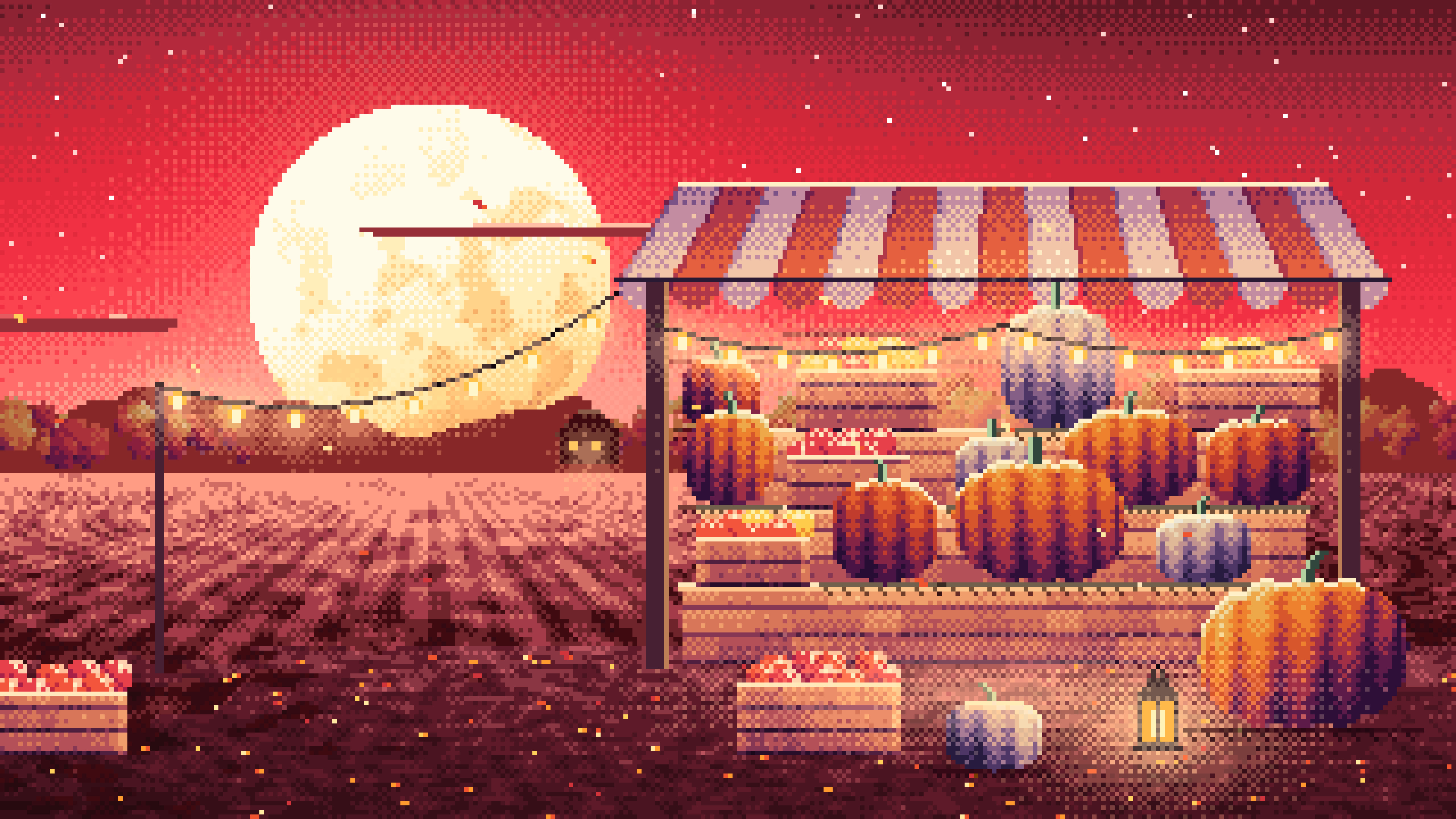 Red Pixel Art Pumpkin Farm Stand under a Harvest Moon desktop wallpaper in 4K