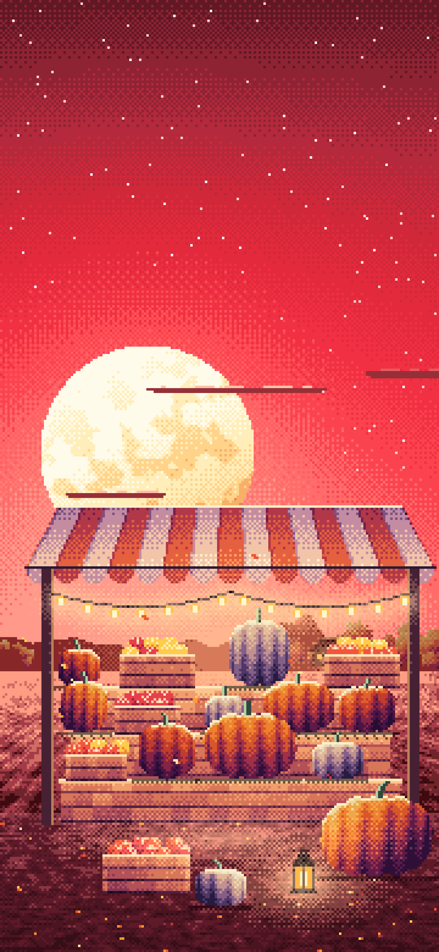 Red Pixel Art Pumpkin Farm Stand under a Harvest Moon wallpaper for iPhone and Android