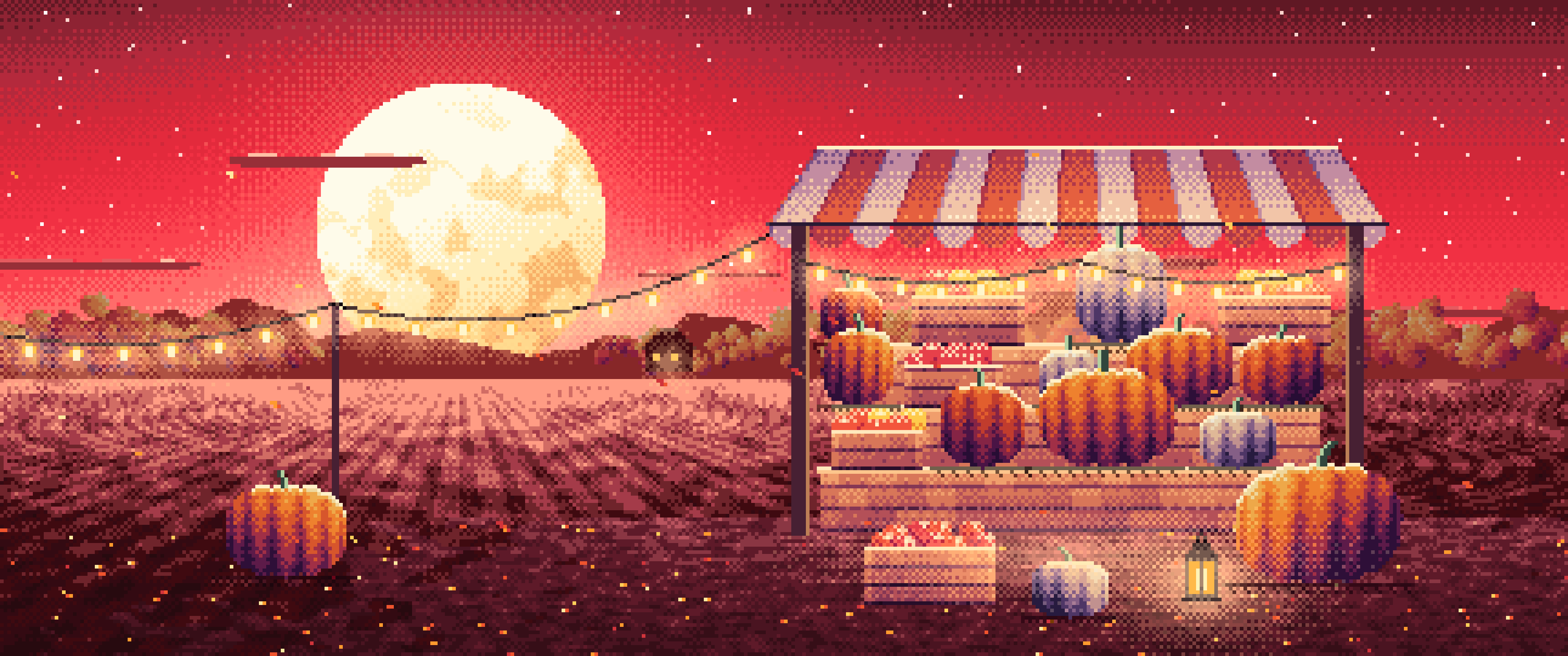 Red Pixel Art Pumpkin Farm Stand under a Harvest Moon ultrawide wallpaper, 3440 × 1440