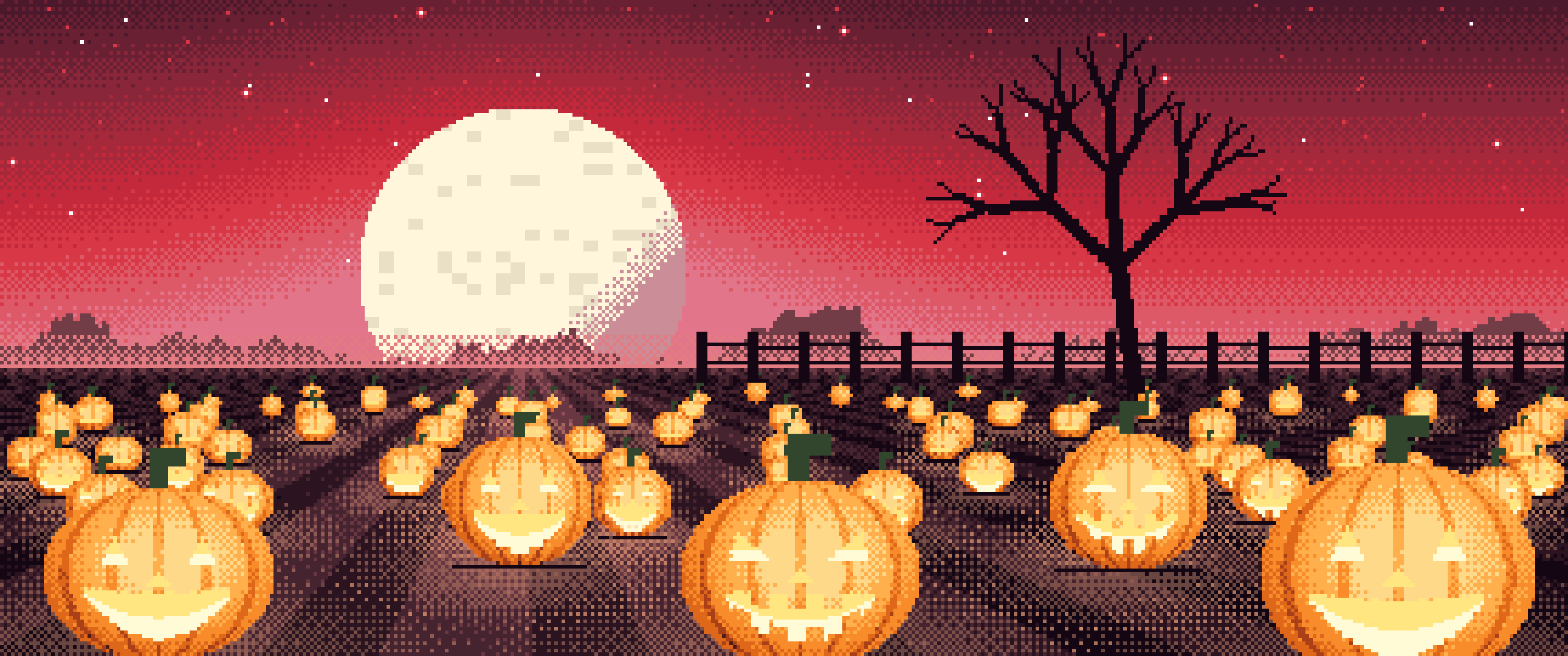 Red Pixel Art Pumpkin Patch ultrawide wallpaper, 3440 × 1440