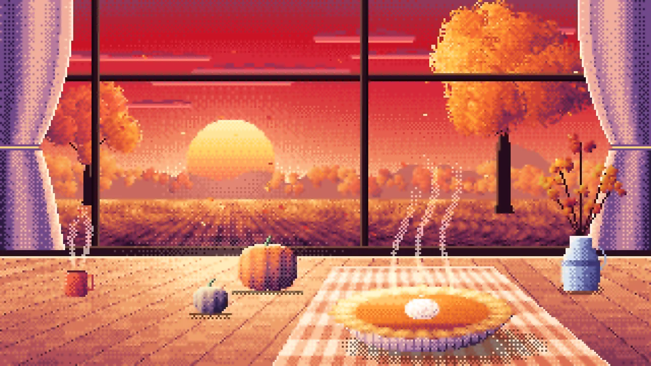 Red Pixel Art Pumpkin Pie on a Windowsill at Sunset desktop wallpaper in 4K