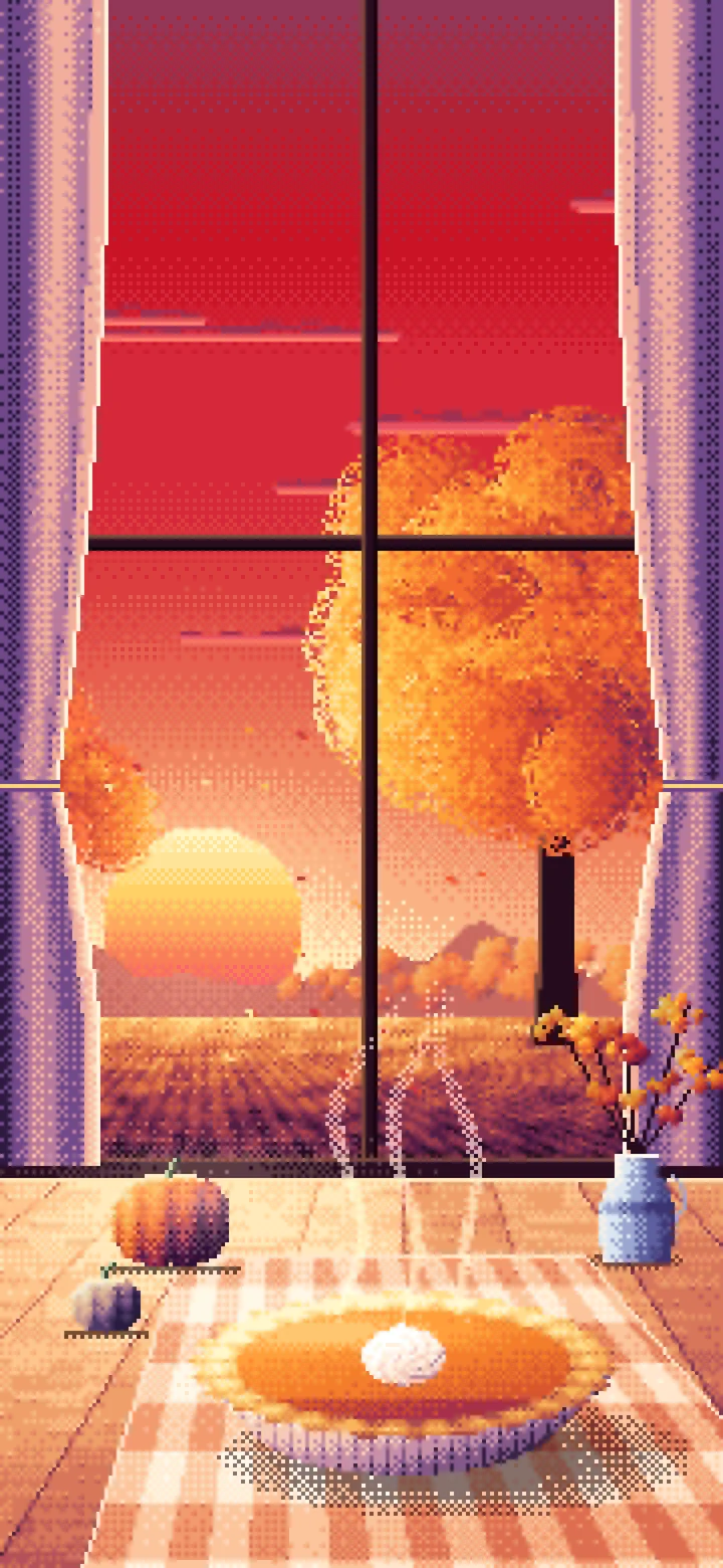 Red Pixel Art Pumpkin Pie on a Windowsill at Sunset wallpaper for iPhone and Android
