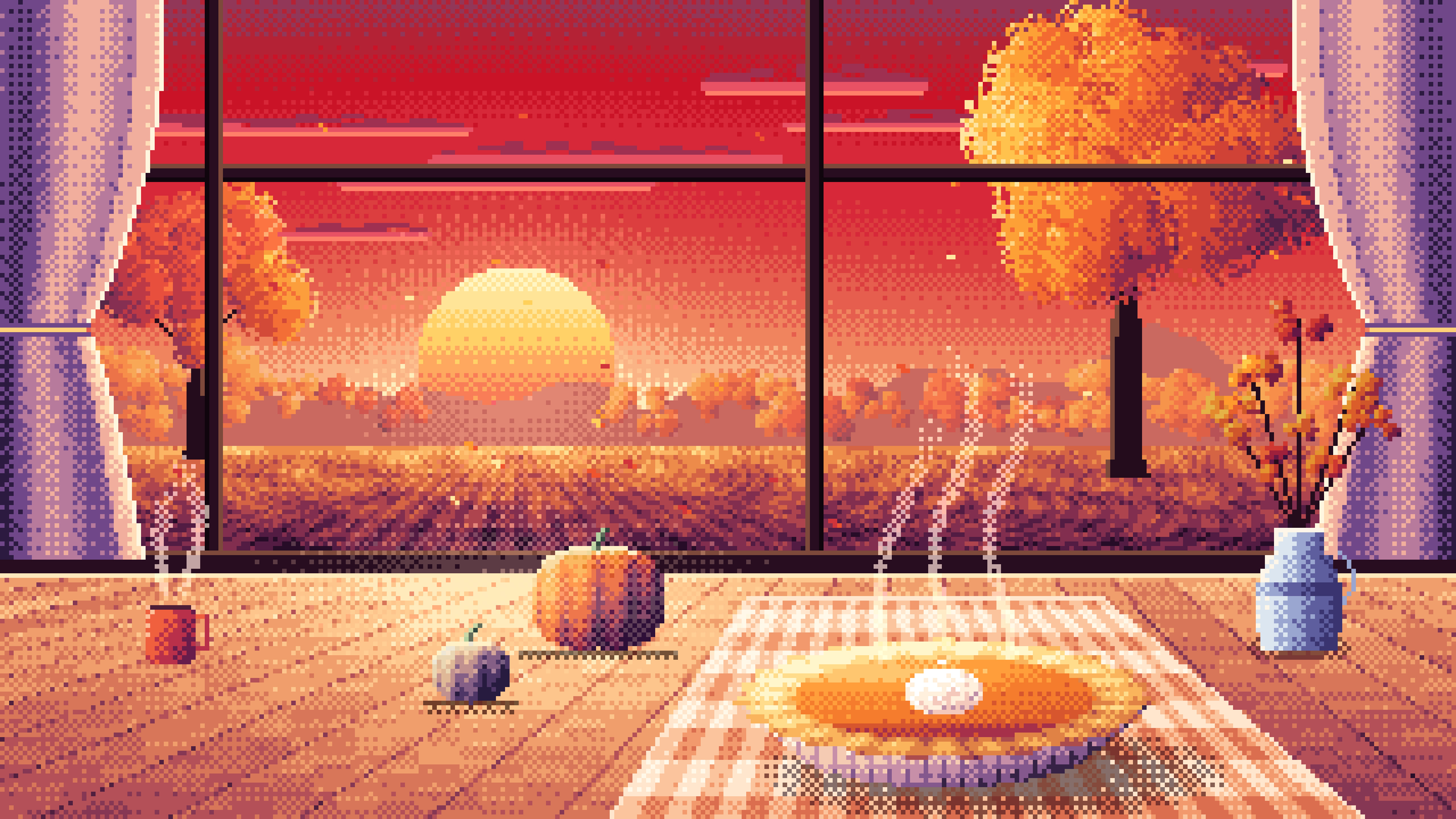 Red Pixel Art Pumpkin Pie on a Windowsill at Sunset desktop wallpaper in 4K