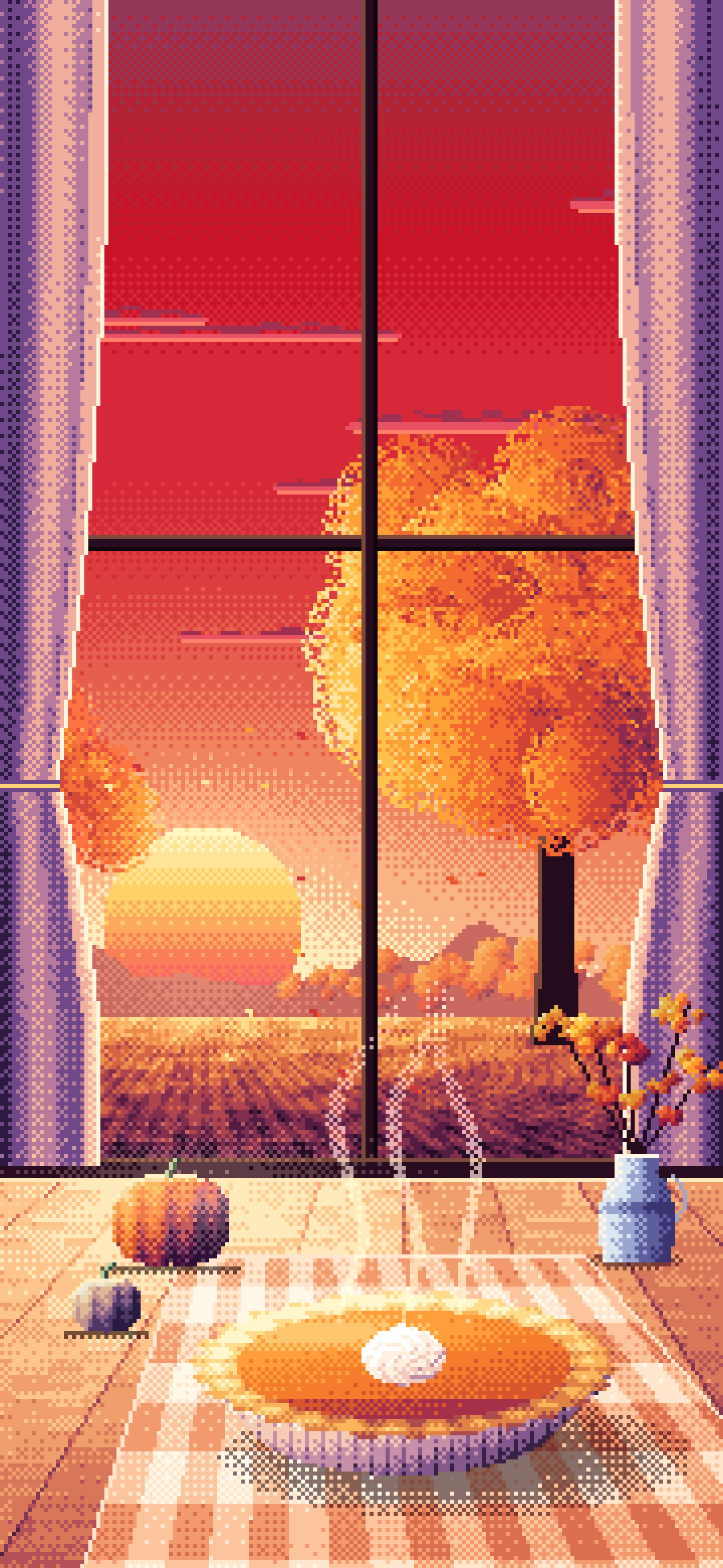 Red Pixel Art Pumpkin Pie on a Windowsill at Sunset wallpaper for iPhone and Android