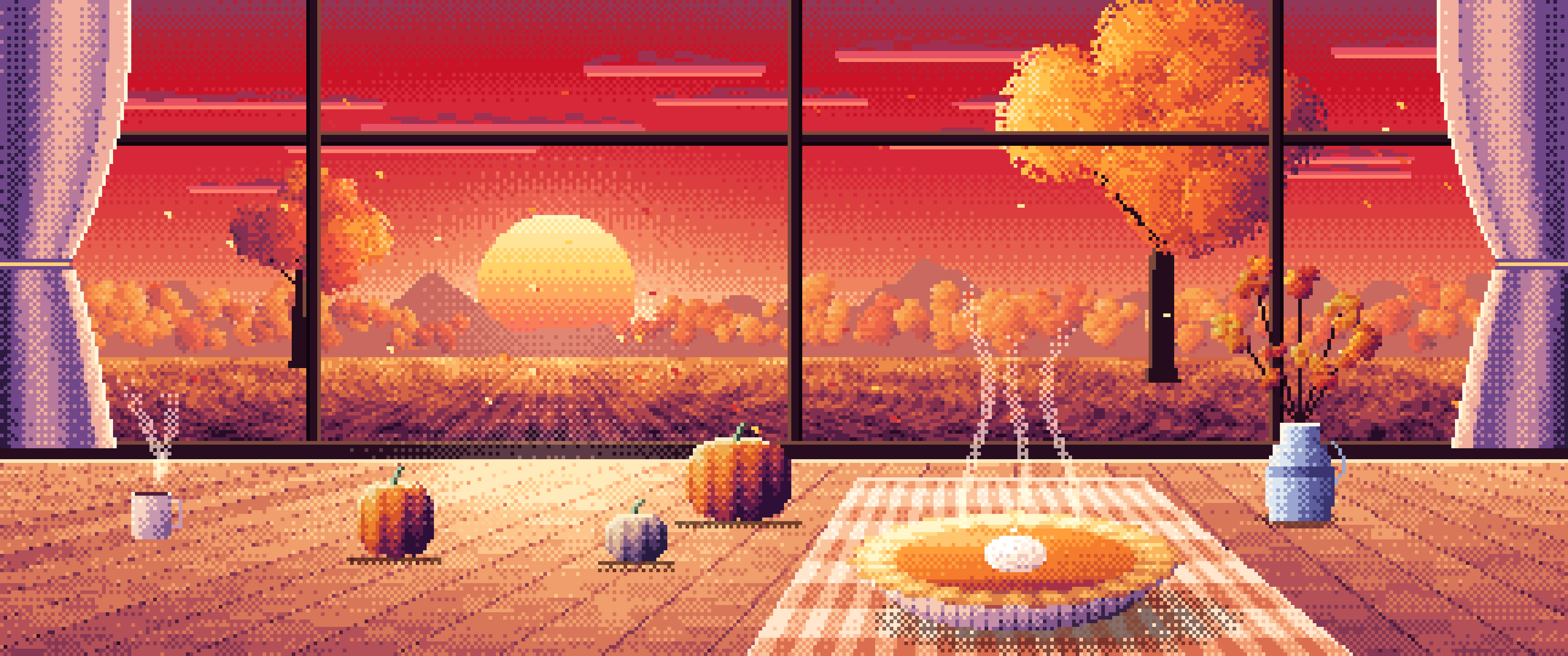 Red Pixel Art Pumpkin Pie on a Windowsill at Sunset ultrawide wallpaper, 3440 × 1440