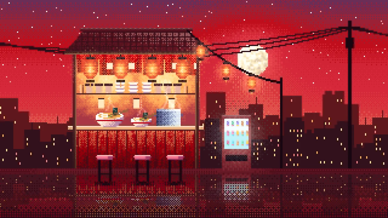 Red Pixel Art Ramen Stall at Night desktop wallpaper in 4K